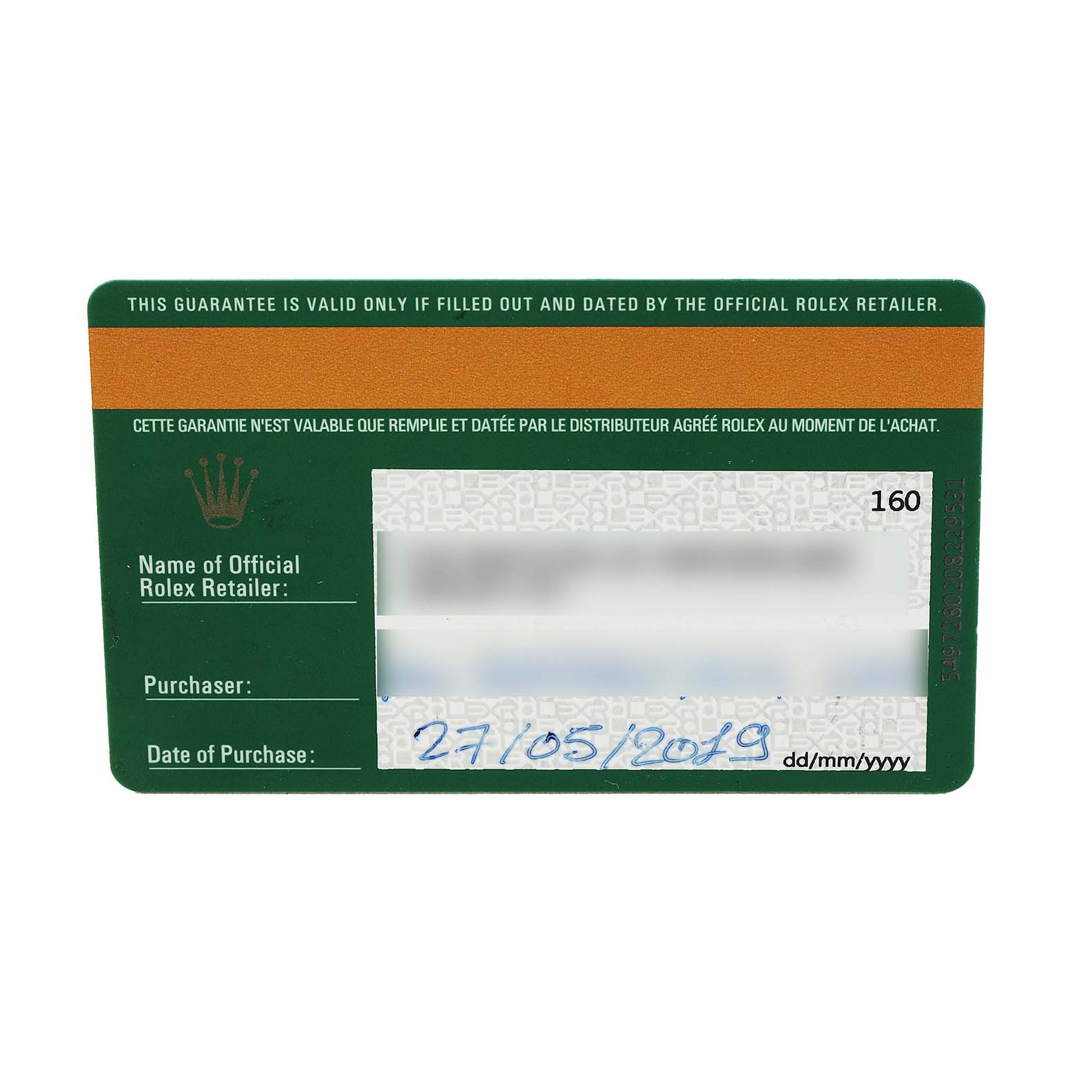 The image shows a warranty card for a Rolex Datejust 278273 Men's Steel and Gold (two tone) Champagne Dial, displaying the brand's logo and purchase details.