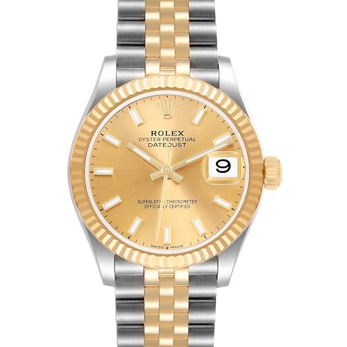 The Rolex Datejust 278273 Men's Steel and Gold (two tone) Champagne Dial watch is shown from the front, highlighting the dial, fluted bezel, and two-tone jubilee bracelet.