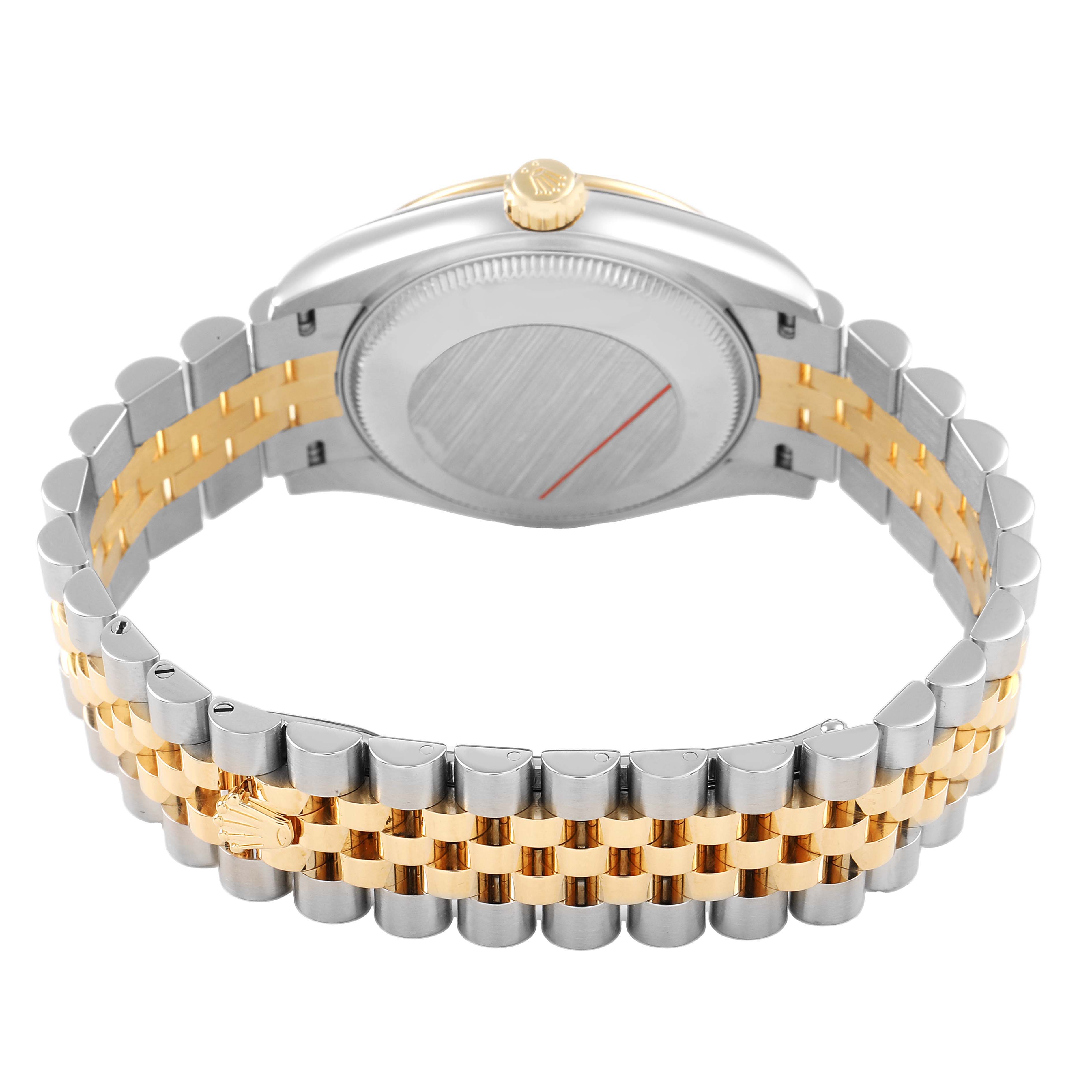The image shows the back case and two-tone bracelet of the Rolex Datejust 278273 Men's Steel and Gold (two tone) Champagne Dial.
