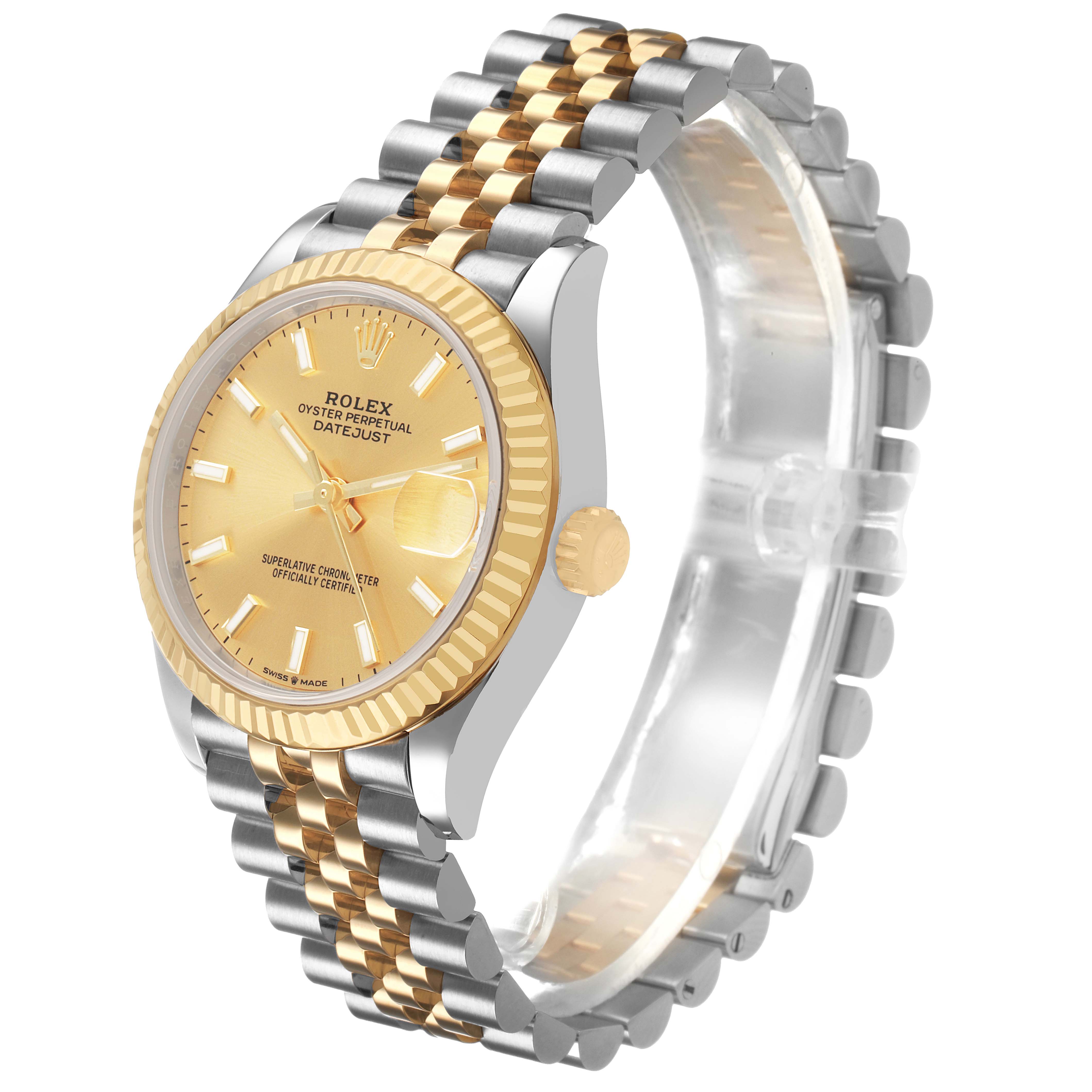 The Rolex Datejust 278273 Men's Steel and Gold (two tone) Champagne Dial watch is shown at a three-quarter angle, highlighting the face, bezel, bracelet, and side crown.