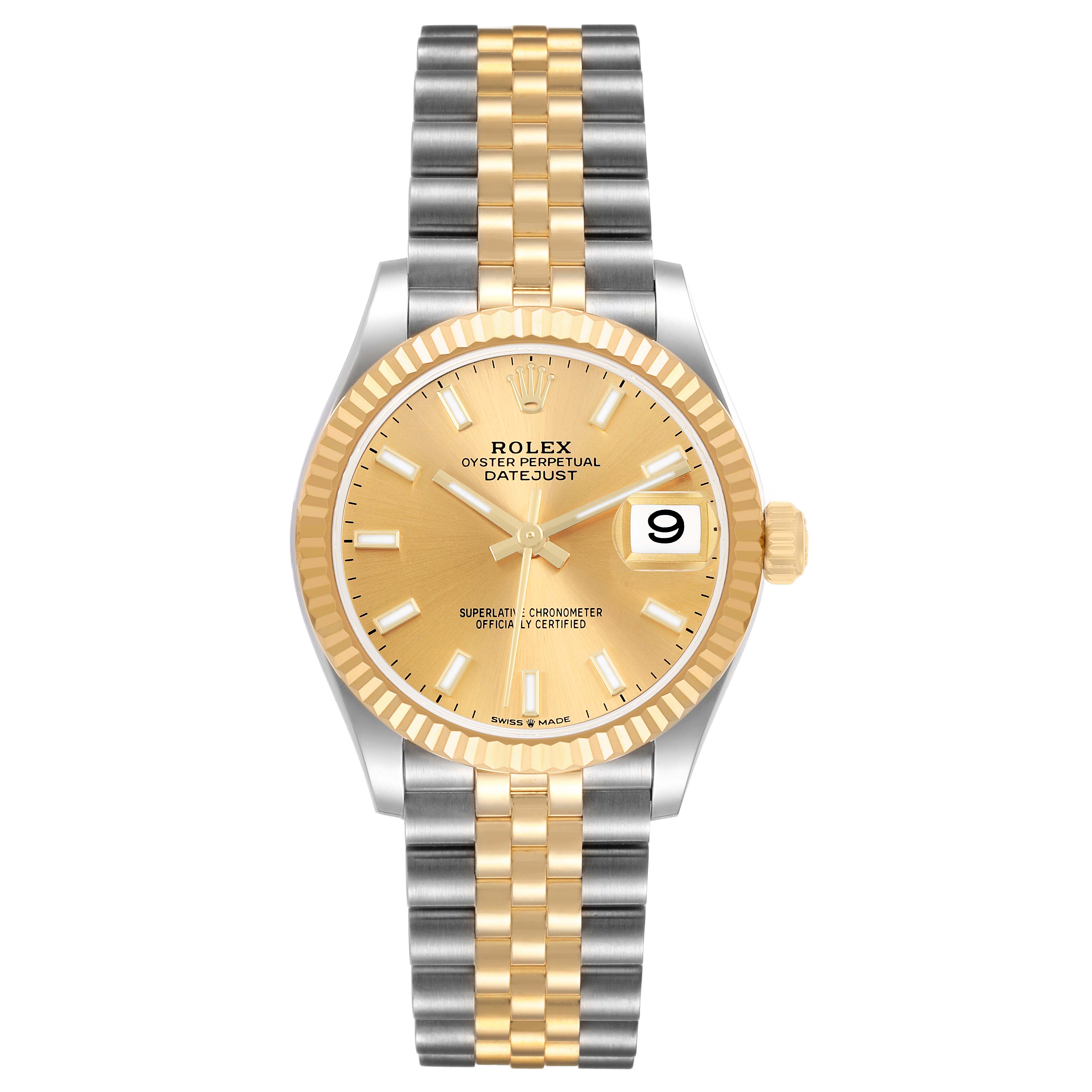 The Rolex Datejust 278273 Men's Steel and Gold (two tone) Champagne Dial watch is shown from the front, displaying the face, bezel, crown, and Jubilee bracelet.
