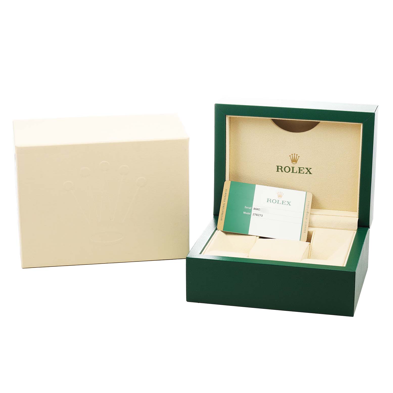 The image shows a Rolex Datejust 278273 Men's Steel and Gold (two tone) Champagne Dial box and warranty card, with the box open displaying its interior compartments.