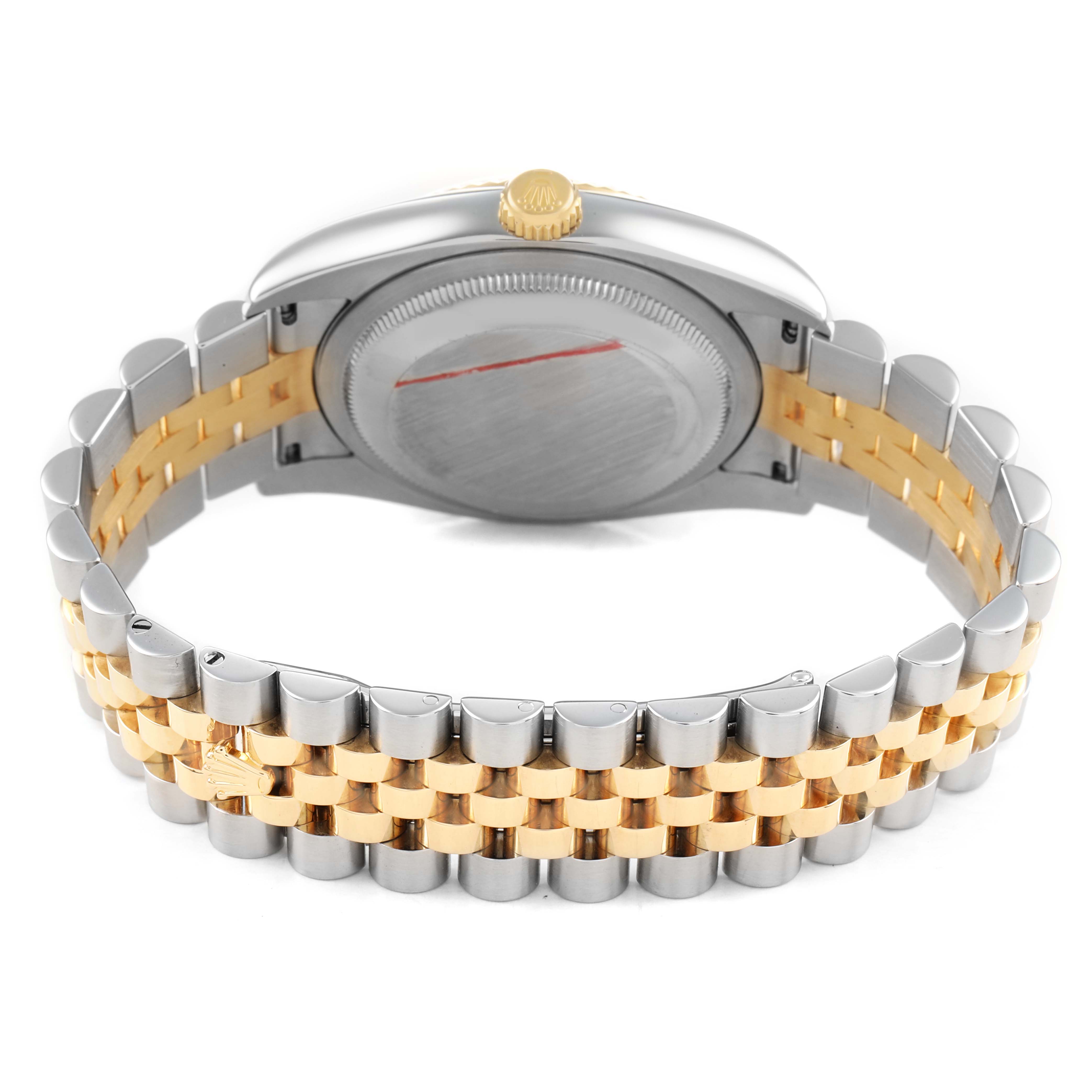 The Rolex Datejust 116233 Men's Stainless Steel Champagne Dial watch is shown from the back, highlighting its bracelet and case back.