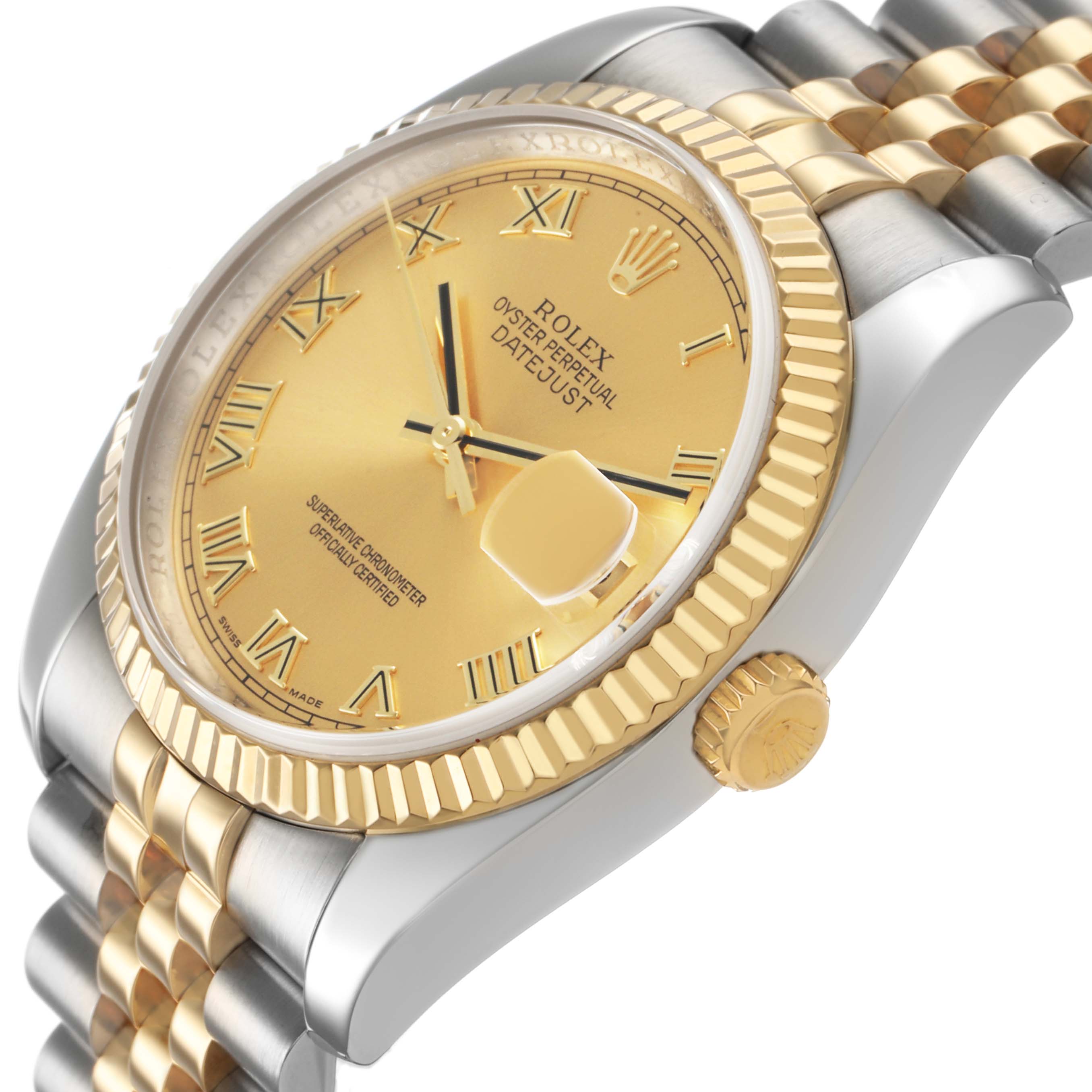 The Rolex Datejust 116233 Men's Stainless Steel Champagne Dial watch is shown at an angle highlighting the gold dial, fluted bezel, and Jubilee bracelet.