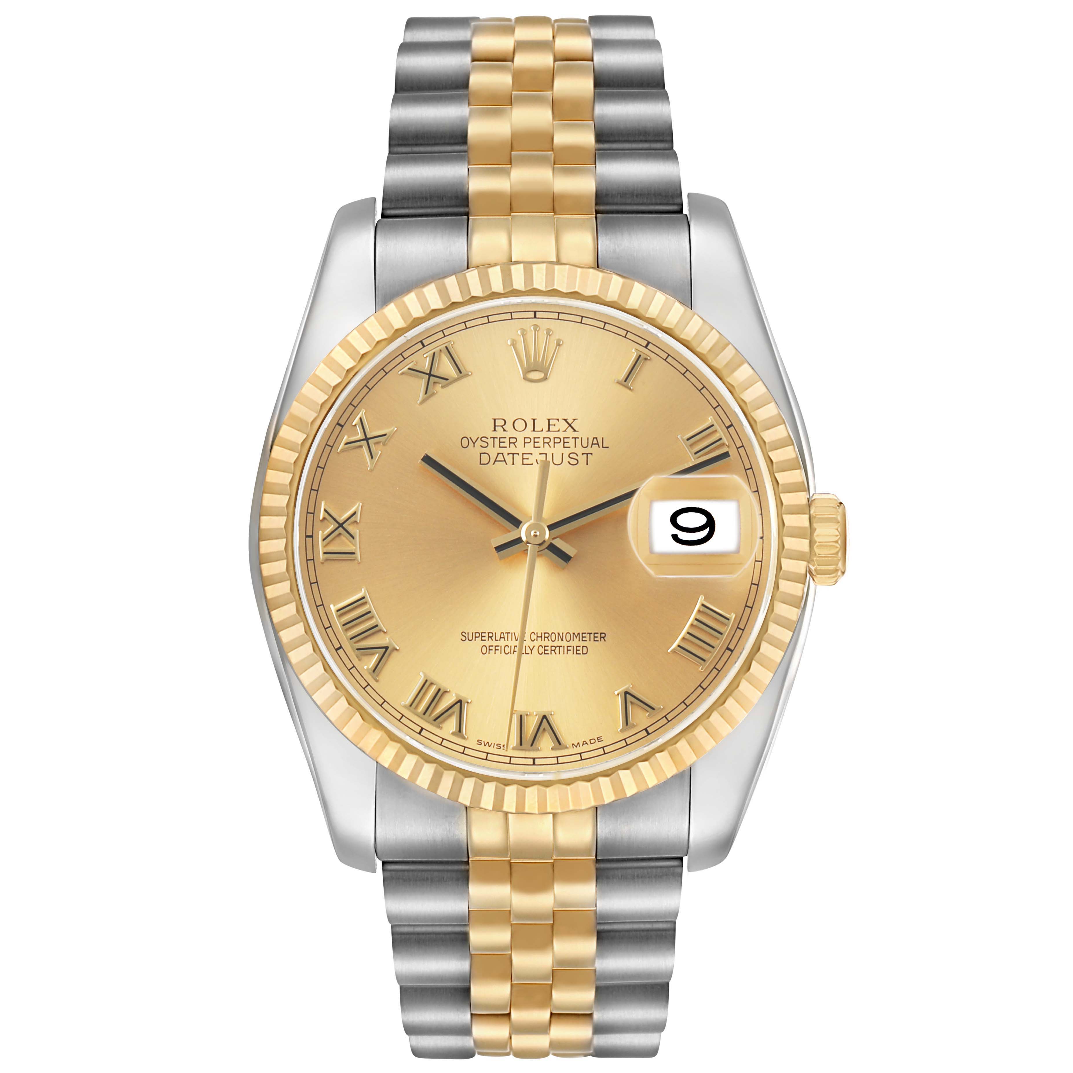 The Rolex Datejust 116233 Men's Stainless Steel Champagne Dial watch is shown from a front view, displaying its gold dial, fluted bezel, and two-tone Jubilee bracelet.
