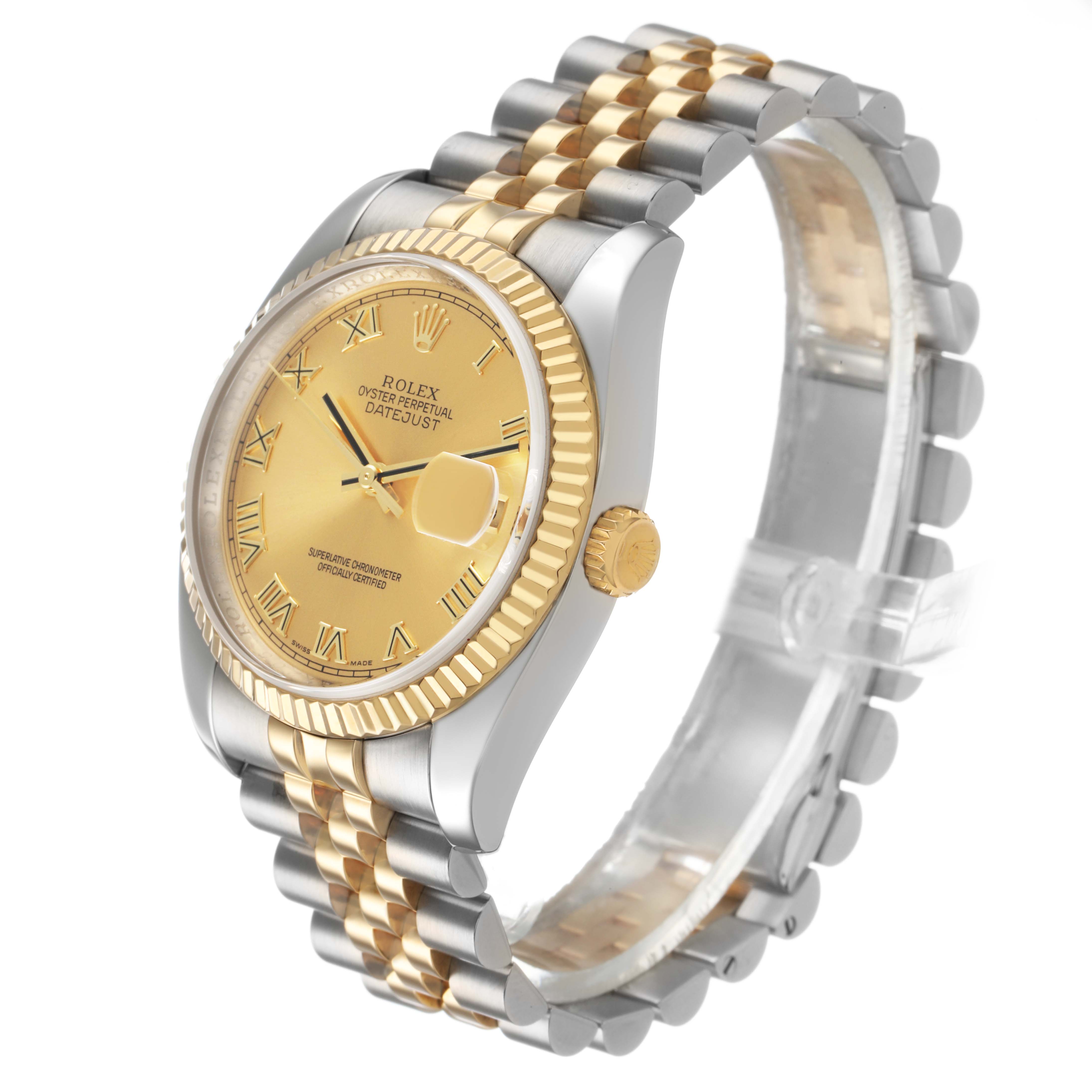 The Rolex Datejust 116233 Men's Stainless Steel Champagne Dial watch is shown at a three-quarter angle, highlighting the bezel, crown, dial, and two-tone bracelet.