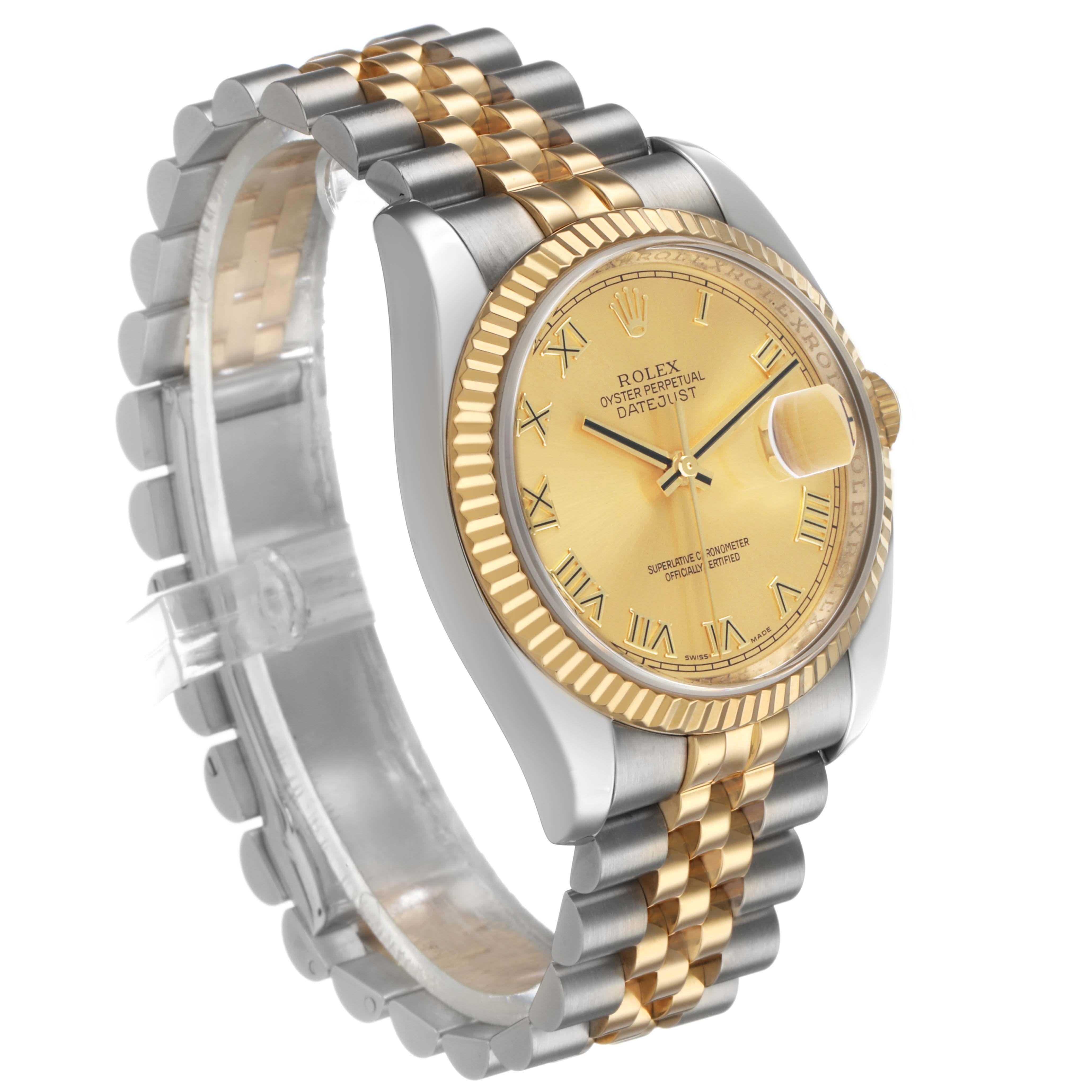 The Rolex Datejust 116233 Men's Stainless Steel Champagne Dial watch is shown at a three-quarter angle, highlighting the face, bezel, and Jubilee bracelet.