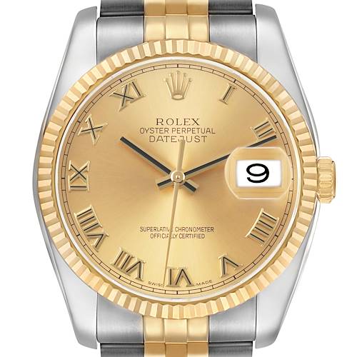 Photo of Rolex Datejust 36 Champagne Roman Dial Steel Yellow Gold Mens Watch 116233