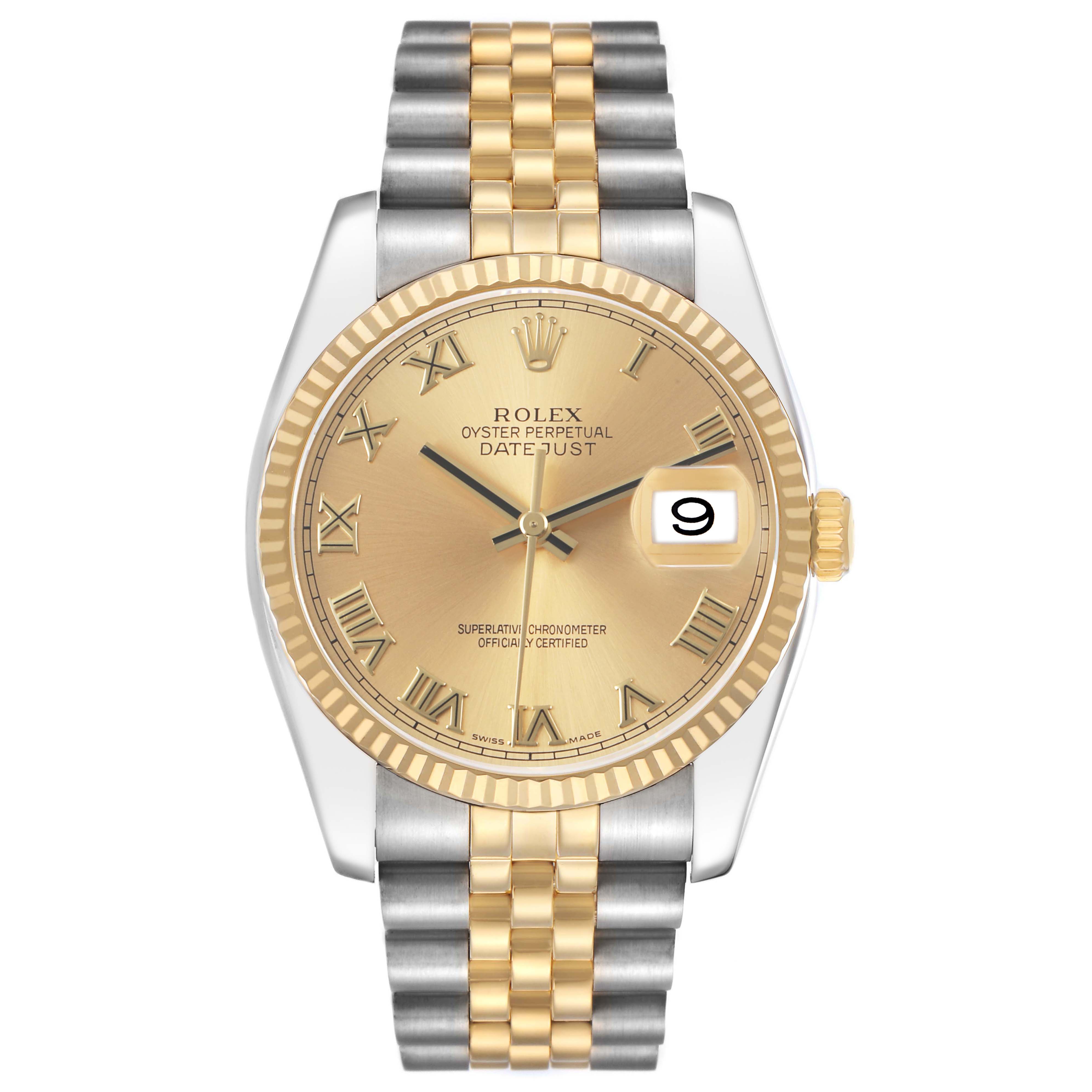 The Rolex Datejust 116233 Men's Stainless Steel Champagne Dial watch is shown from a front angle, displaying its face, bezel, bracelet, and crown.
