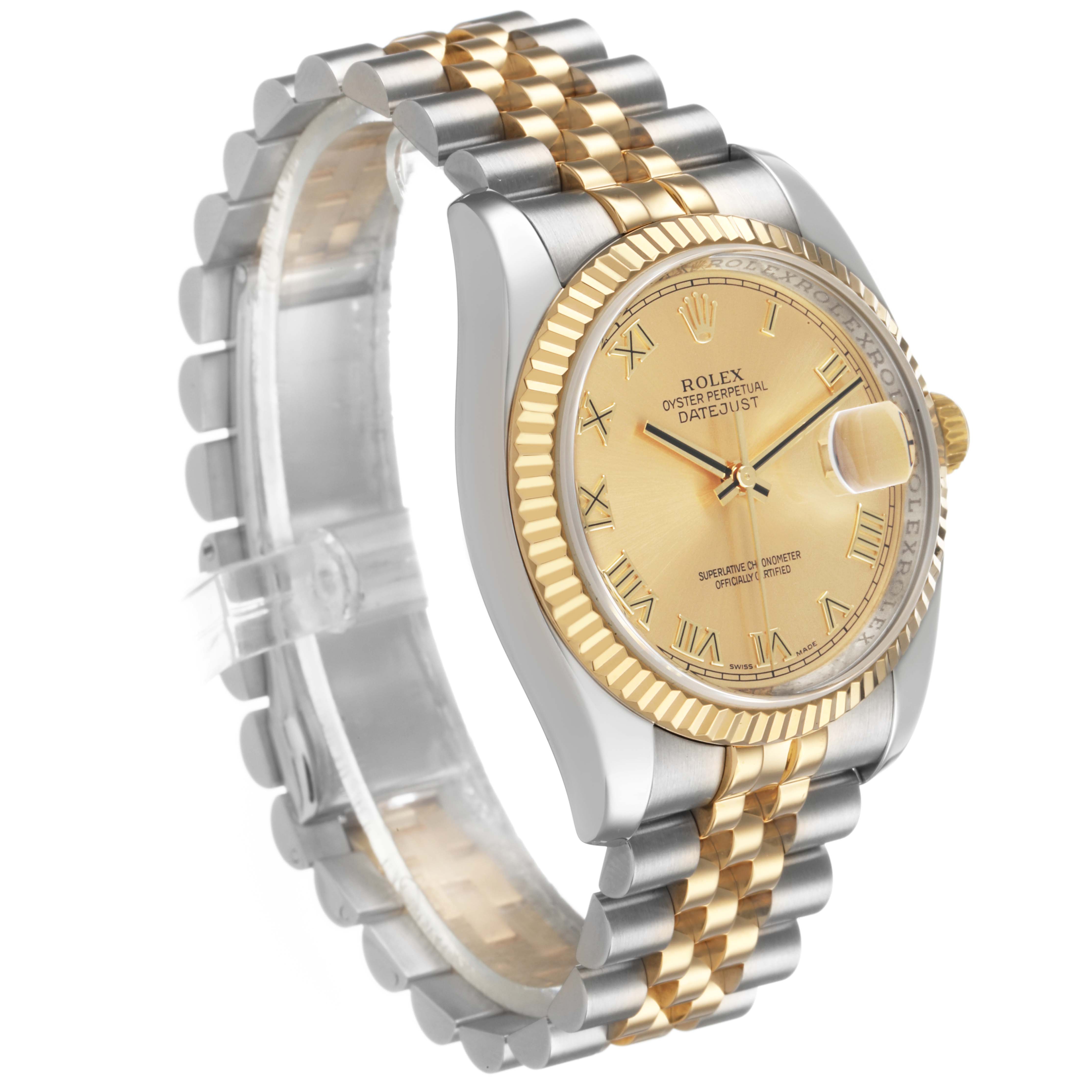 The Rolex Datejust 116233 Men's Stainless Steel Champagne Dial watch is shown at a three-quarter angle, highlighting the dial, bezel, and Jubilee bracelet.