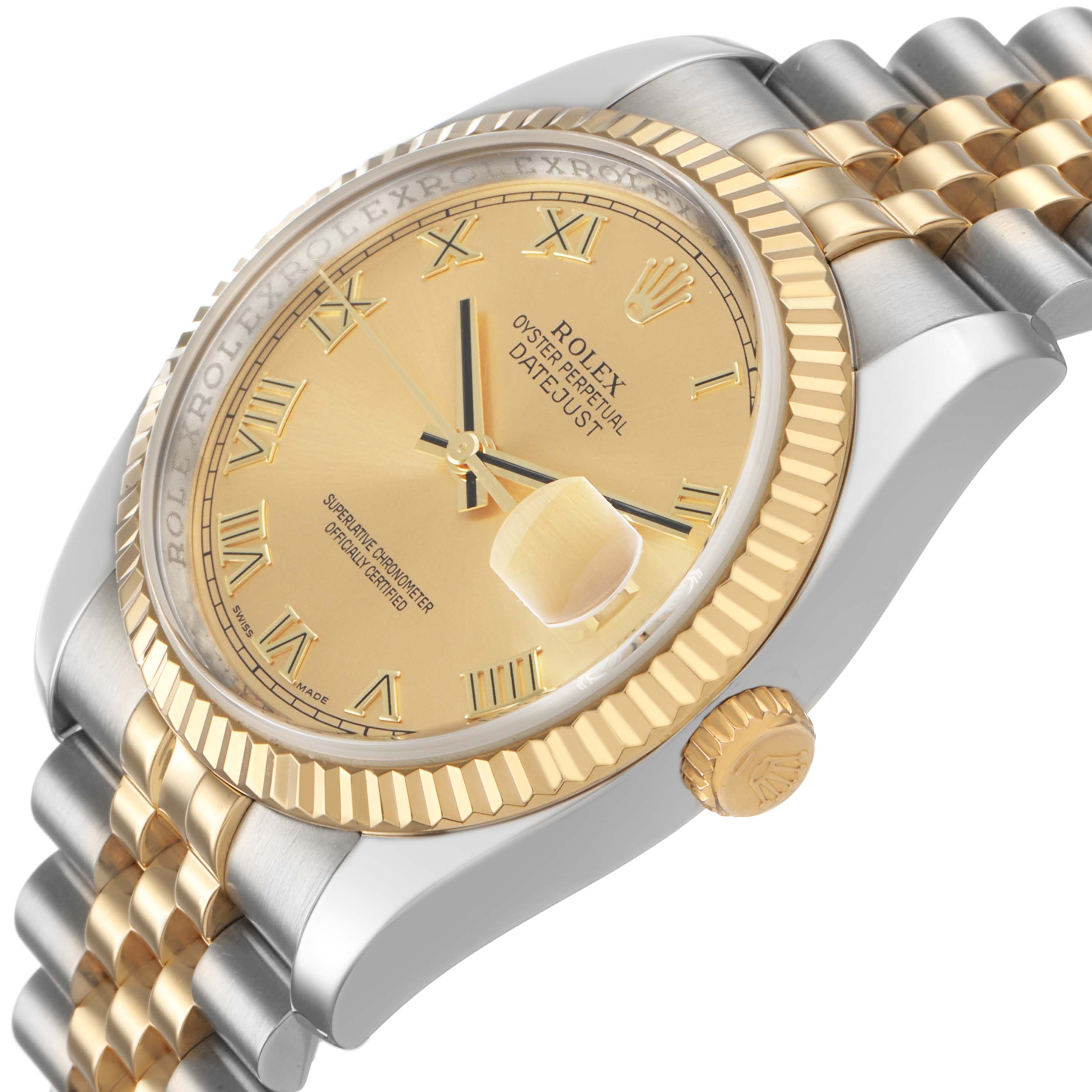 The image shows a side angle of a Rolex Datejust 116233 Men's Stainless Steel Champagne Dial, highlighting its gold fluted bezel, dial, and Jubilee bracelet.