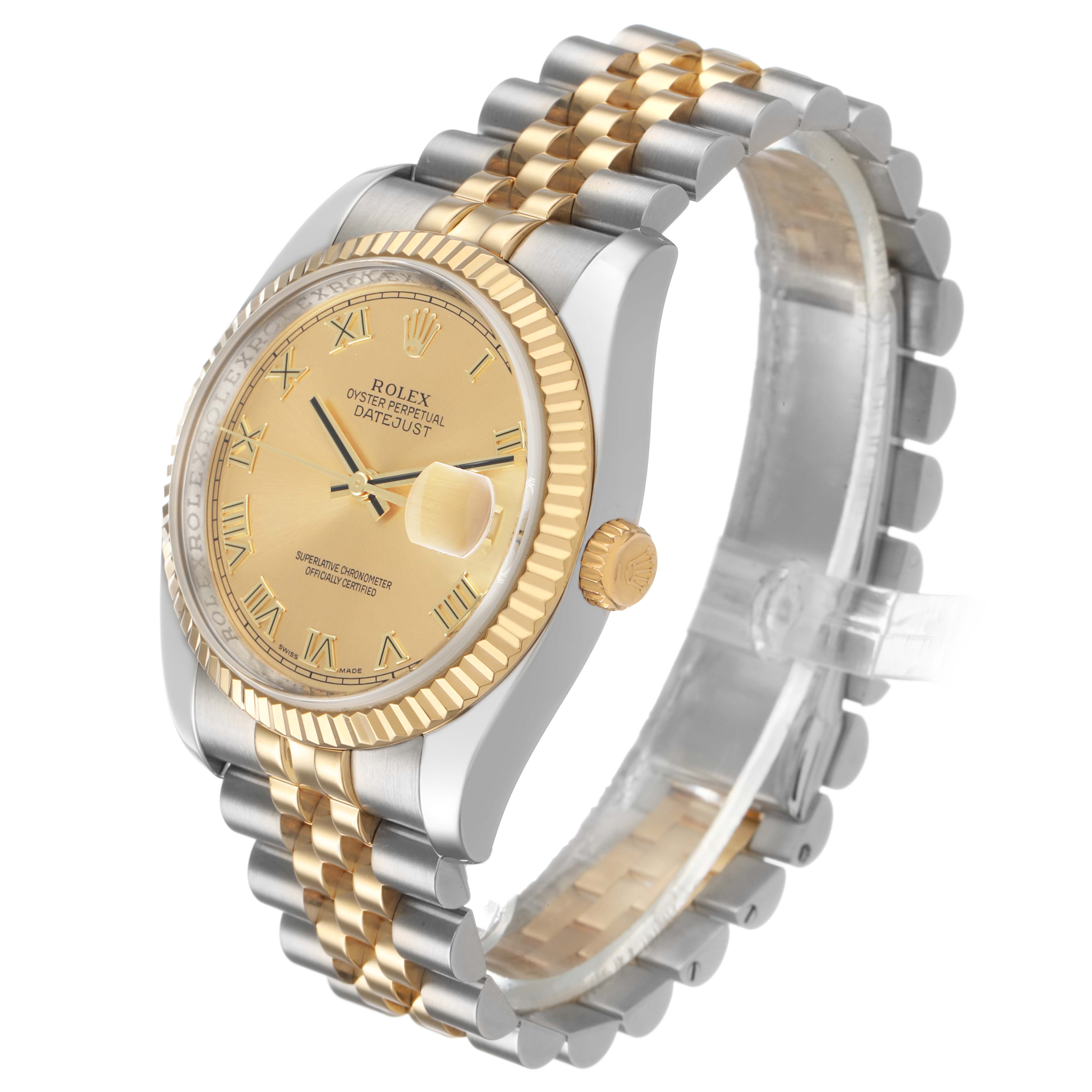 The Rolex Datejust 116233 Men's Stainless Steel Champagne Dial watch is shown at a three-quarter angle, highlighting the fluted bezel, champagne dial, and two-tone Jubilee bracelet.