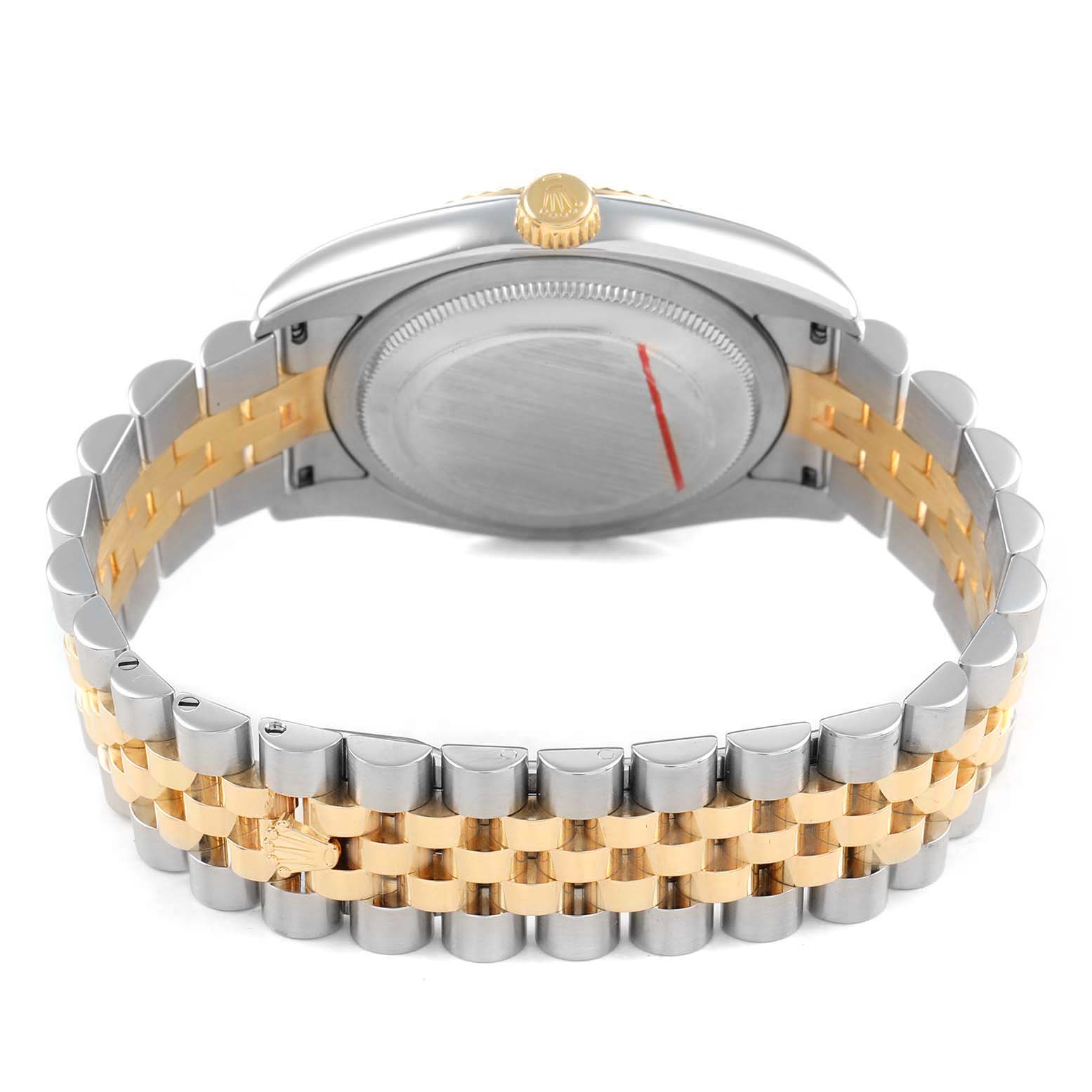 The image shows the back and side profile of a Rolex Datejust 116233 Men's Stainless Steel Champagne Dial, highlighting its two-tone bracelet and crown.