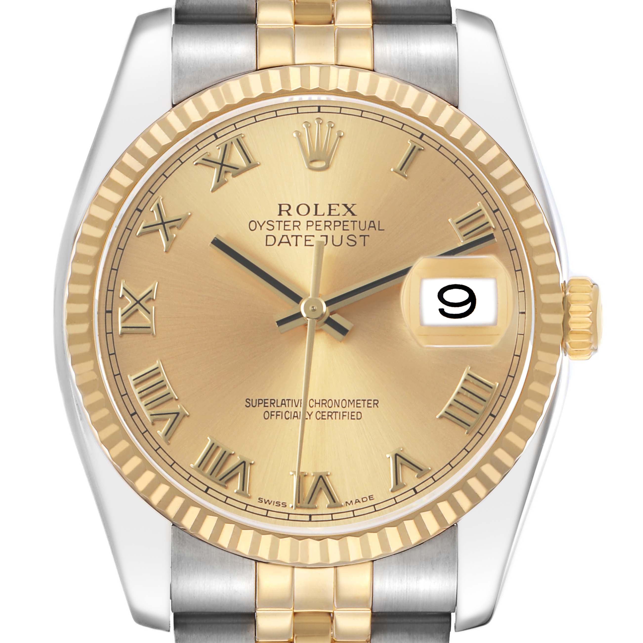 The Rolex Datejust 116233 Men's Stainless Steel Champagne Dial watch is shown from a front view, highlighting its gold dial, Roman numerals, fluted bezel, and two-tone bracelet.