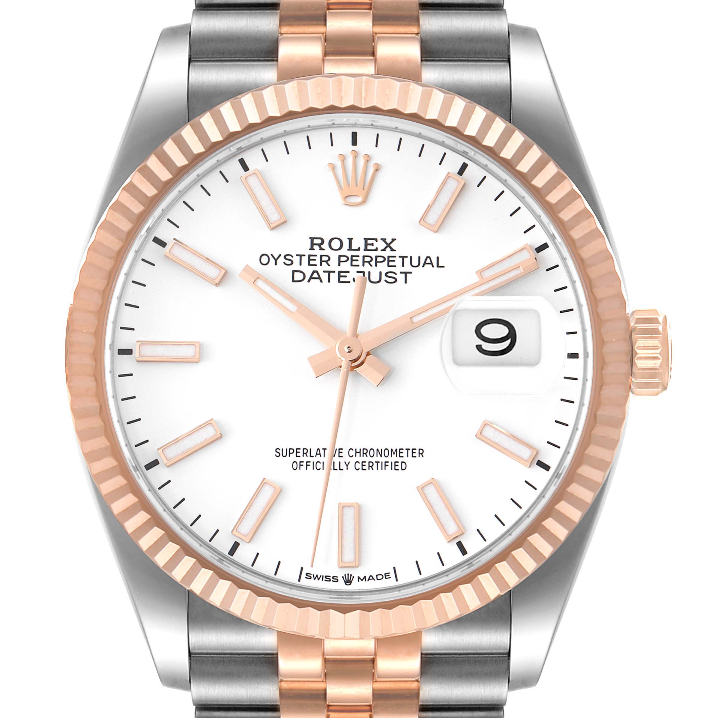 The image shows a close-up of the Rolex Datejust 126231 Men's Steel and Gold (two tone) White Dial 126231 Men's Steel and Gold (two tone) White Dial watch, highlighting its dial, bezel, crown, and part of the bracelet.