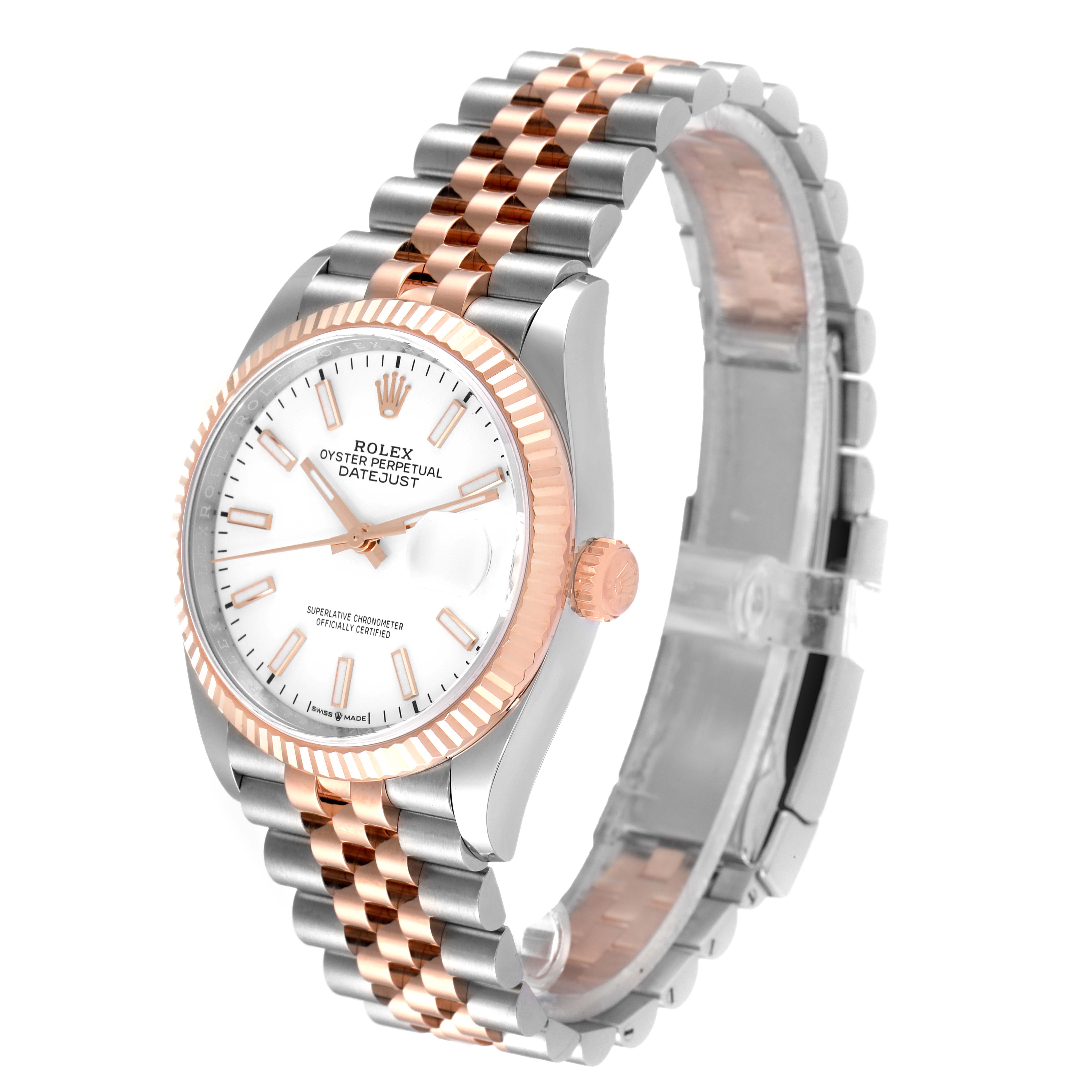 The Rolex Datejust 126231 Men's Steel and Gold (two tone) White Dial 126231 Men's Steel and Gold (two tone) White Dial watch is shown at a three-quarter angle, displaying the face, bezel, crown, and bracelet.