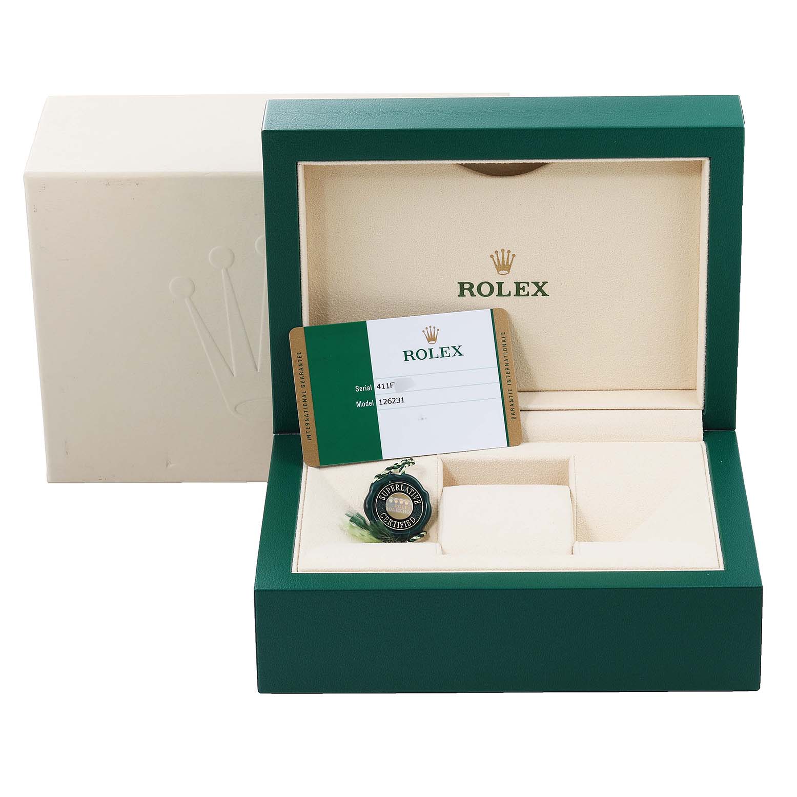 The image shows the packaging of a Rolex Datejust 126231 Men's Steel and Gold (two tone) White Dial 126231 Men's Steel and Gold (two tone) White Dial model with the warranty card and tag, displayed in an open box.