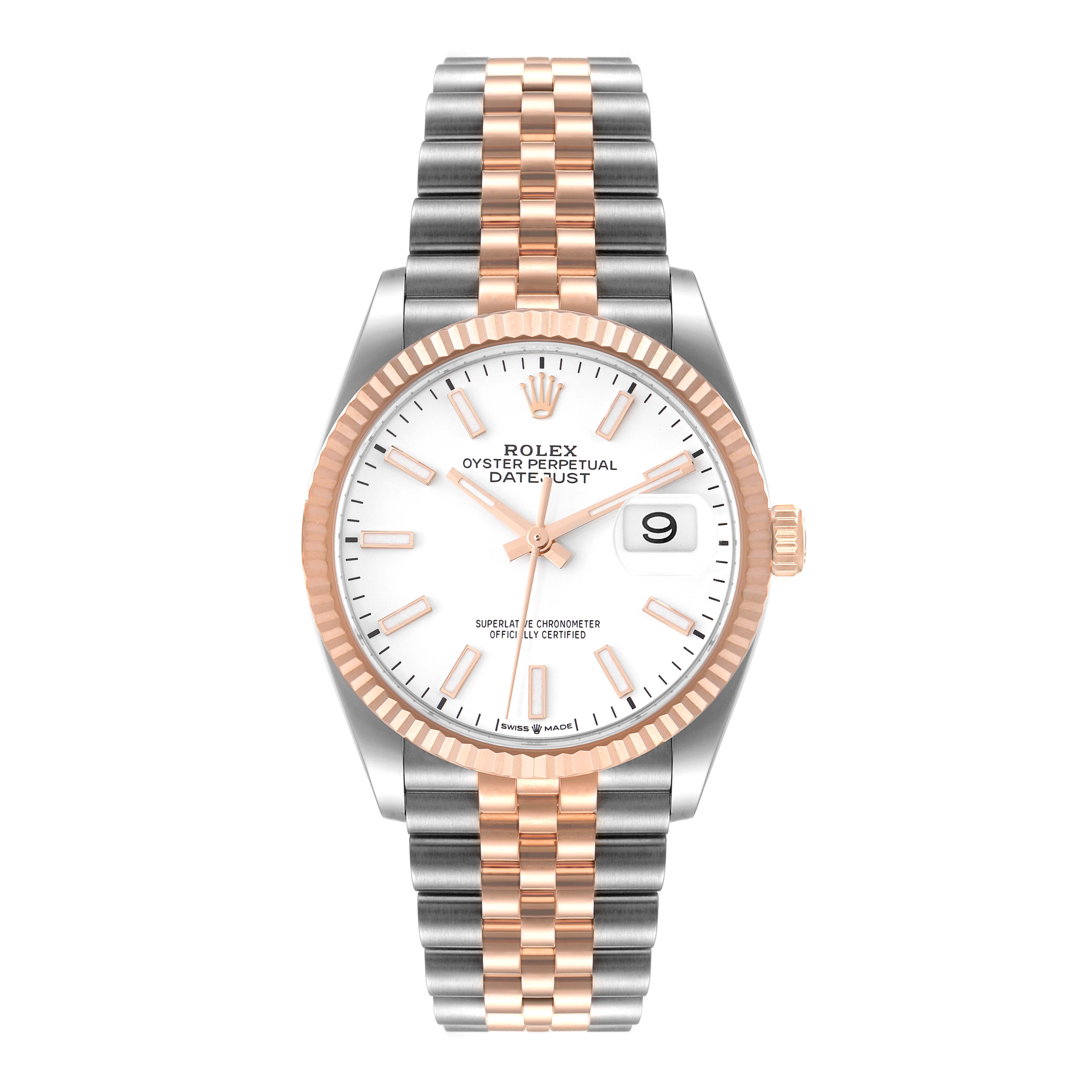 This image showcases a Rolex Datejust 126231 Men's Steel and Gold (two tone) White Dial 126231 Men's Steel and Gold (two tone) White Dial watch from a front angle, highlighting the dial, bezel, and bracelet.