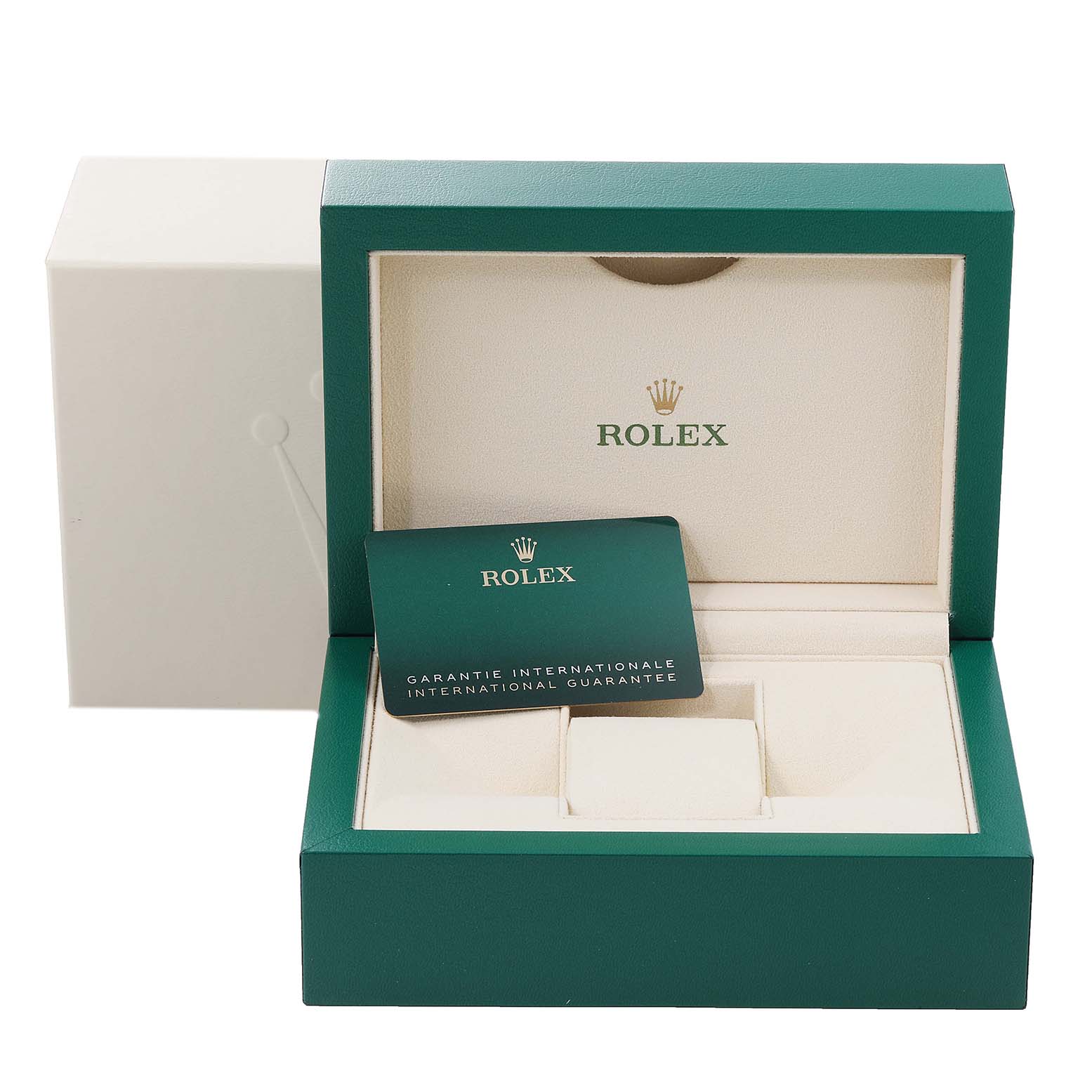 The image shows an open Rolex Datejust 41 126300 Men
s Stainless Steel Blue Dial 126300 Men
s Stainless Steel Blue Dial watch box with the international guarantee card inside.