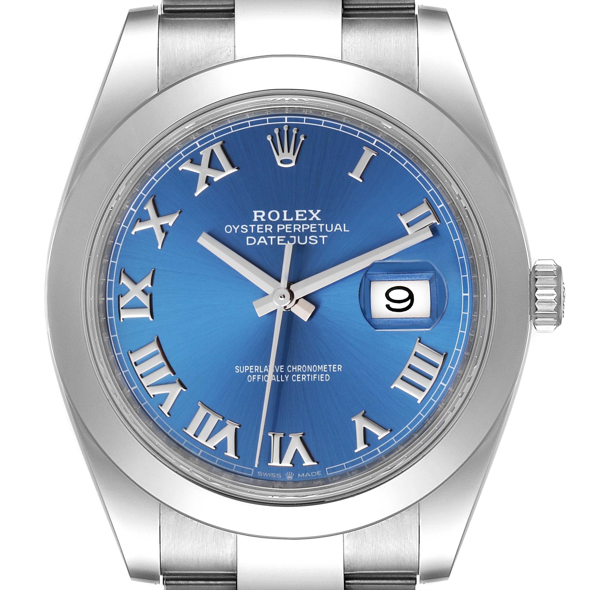 This image shows a frontal close-up of the Rolex Datejust 41 126300 Men
s Stainless Steel Blue Dial 126300 Men
s Stainless Steel Blue Dial, highlighting its blue dial, Roman numerals, and date window at 3 o
clock.