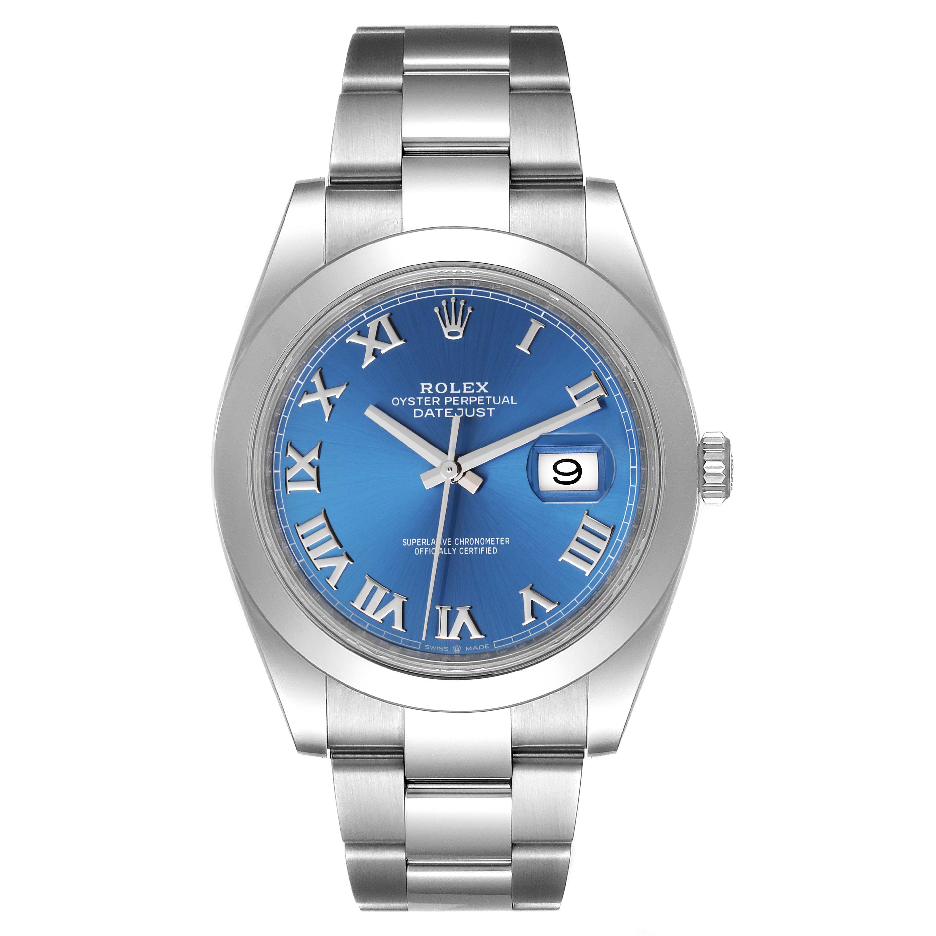 The image shows a front view of a Rolex Datejust 41 126300 Men
s Stainless Steel Blue Dial 126300 Men
s Stainless Steel Blue Dial watch with a blue dial, Roman numerals, and a stainless steel bracelet.