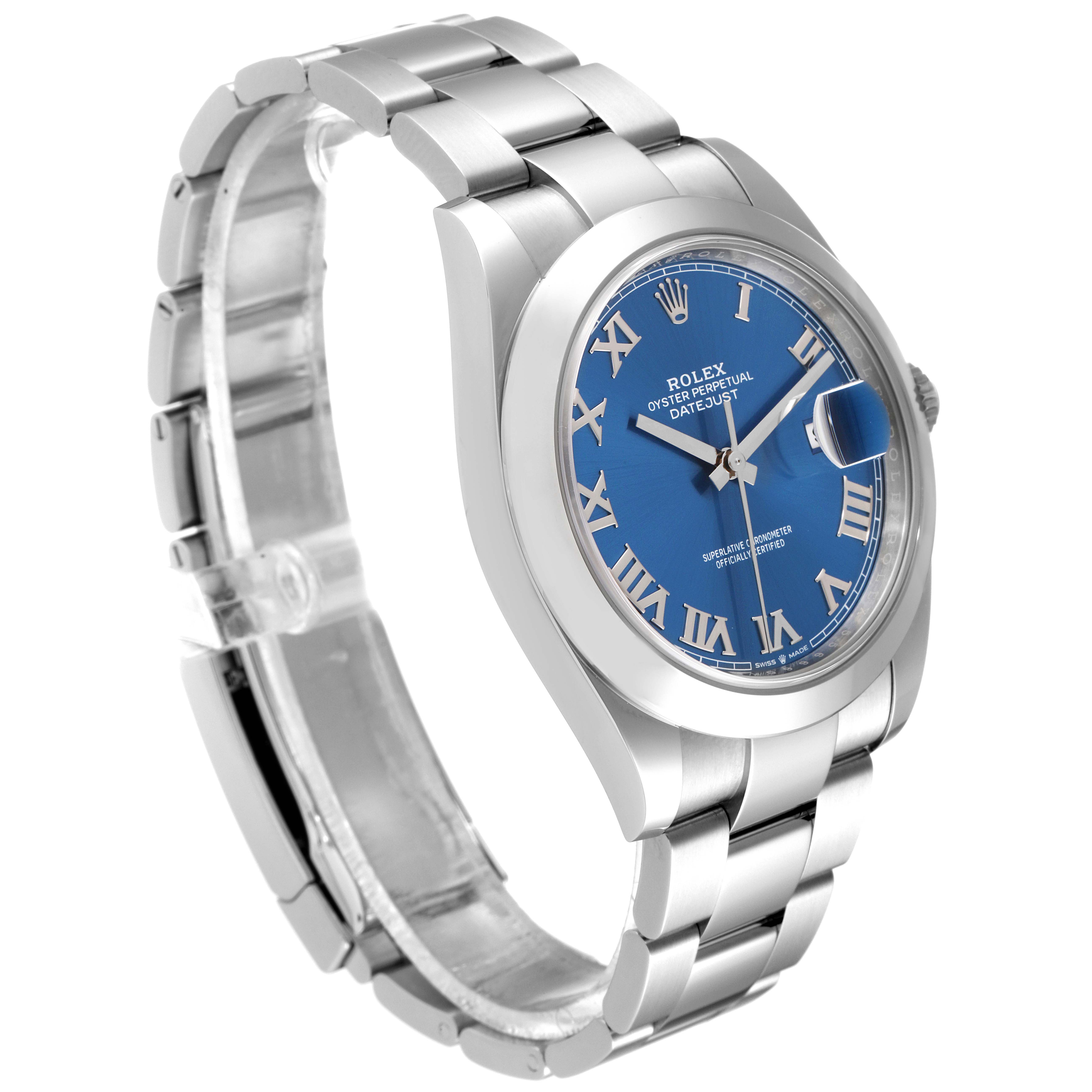 The image shows a Rolex Datejust 41 126300 Men
s Stainless Steel Blue Dial 126300 Men
s Stainless Steel Blue Dial watch at a slight angle, featuring its blue dial, Roman numeral hour markers, and Oyster bracelet.