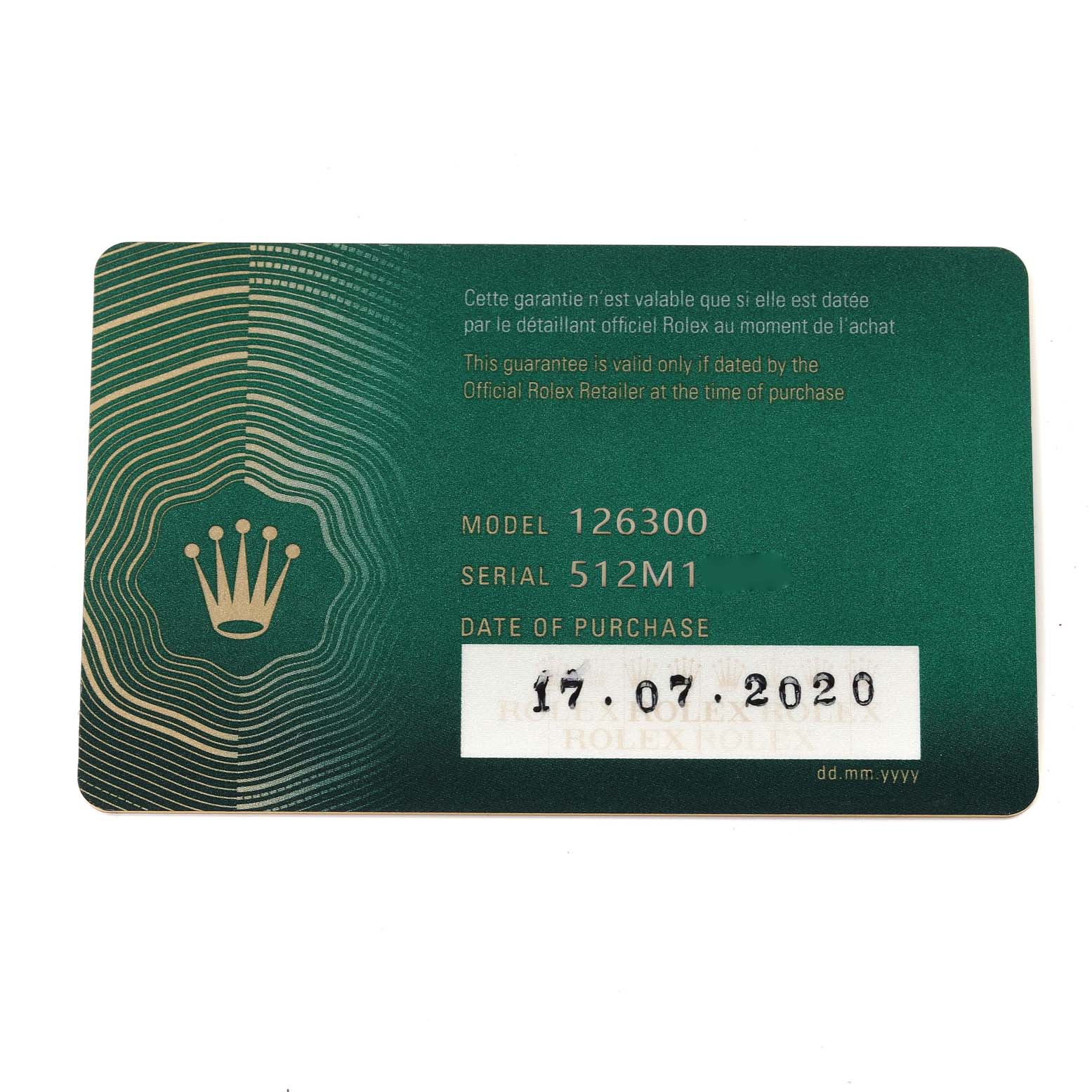 This image shows the warranty card for the Rolex Datejust 41 126300 Men's Stainless Steel Grey Dial 126300 Men's Stainless Steel Grey Dial model 126300.