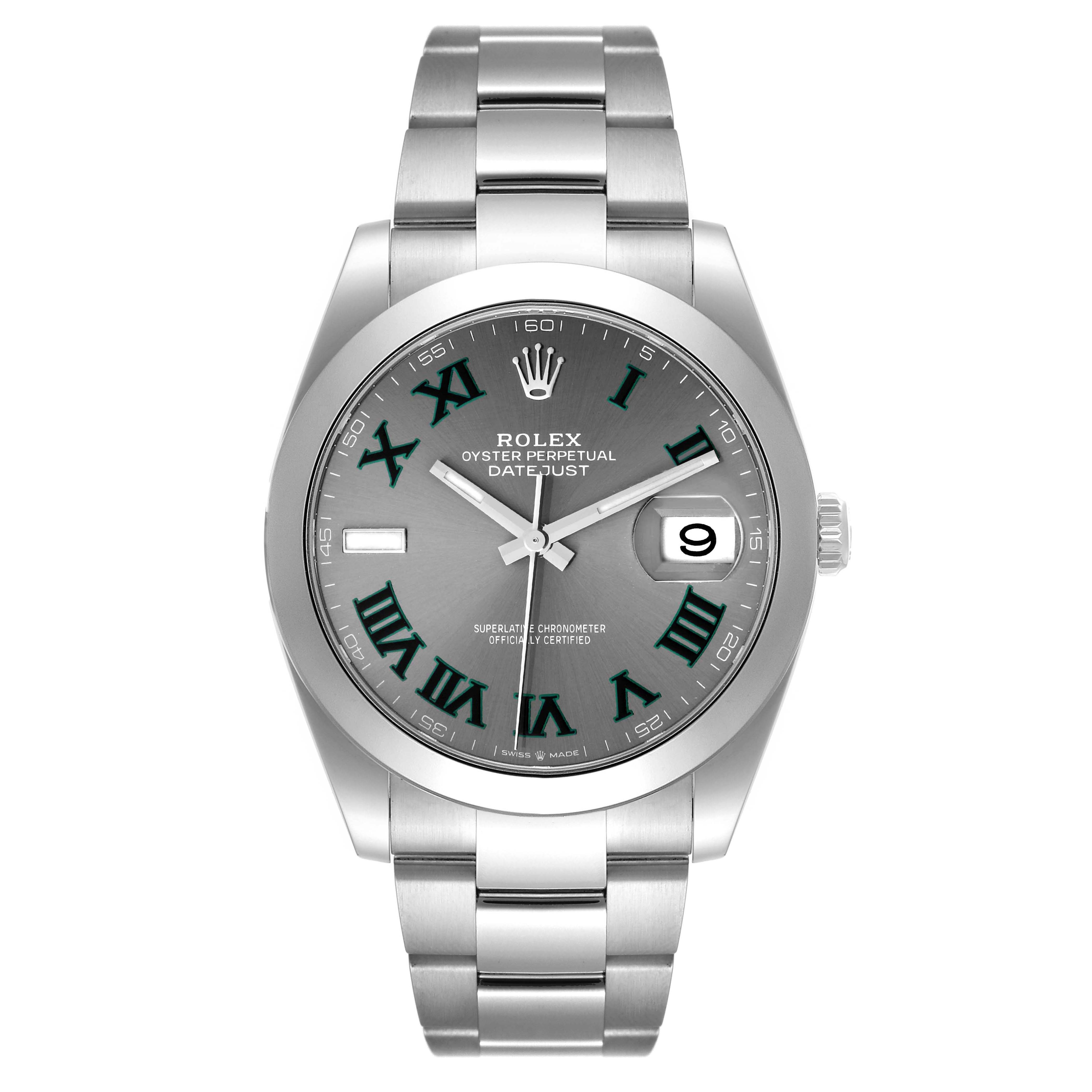 This image shows a front view of a Rolex Datejust 41 126300 Men's Stainless Steel Grey Dial 126300 Men's Stainless Steel Grey Dial watch, highlighting its dial, bezel, and bracelet.