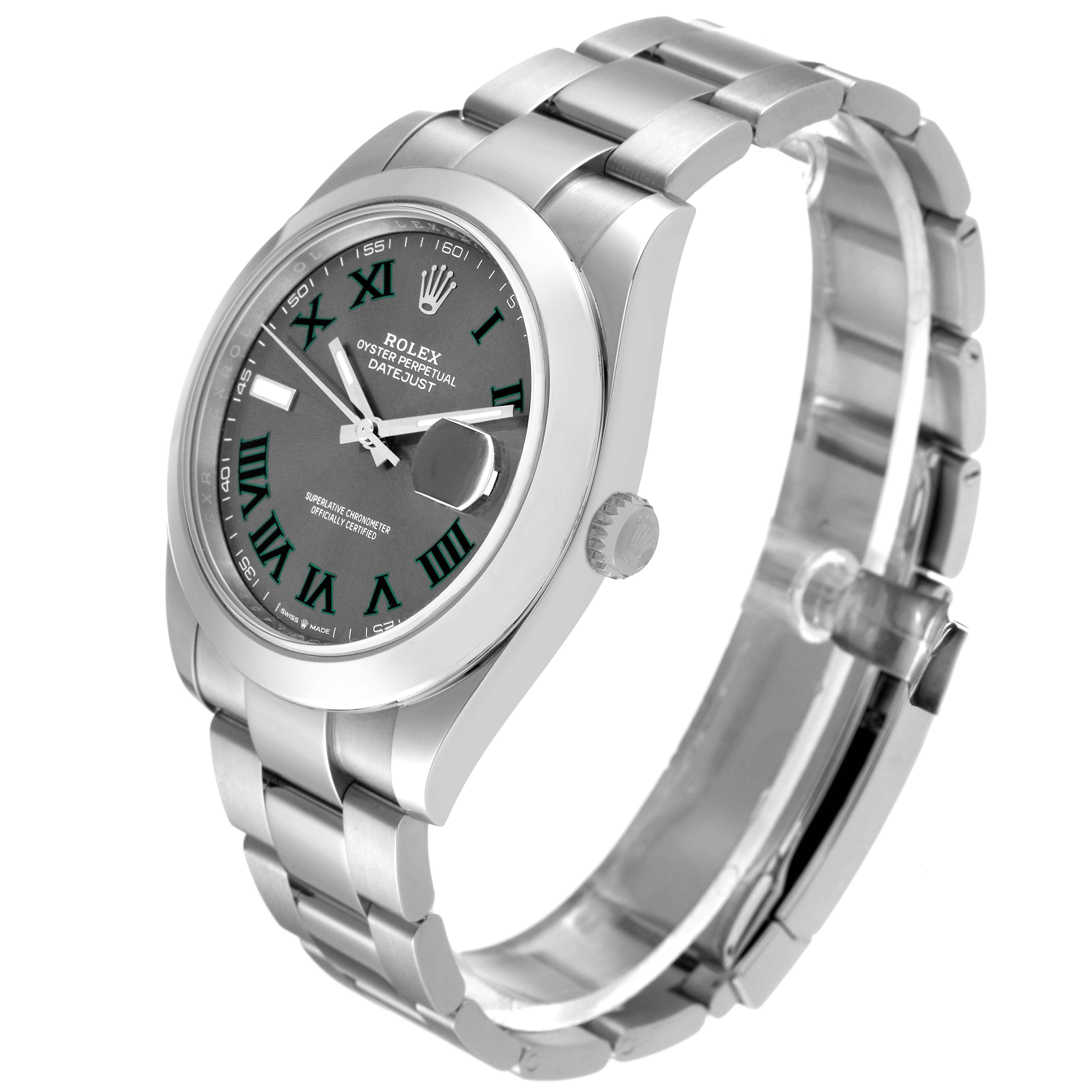 This image shows a Rolex Datejust 41 126300 Men's Stainless Steel Grey Dial 126300 Men's Stainless Steel Grey Dial watch at an angled side view displaying its face, bezel, crown, and bracelet.