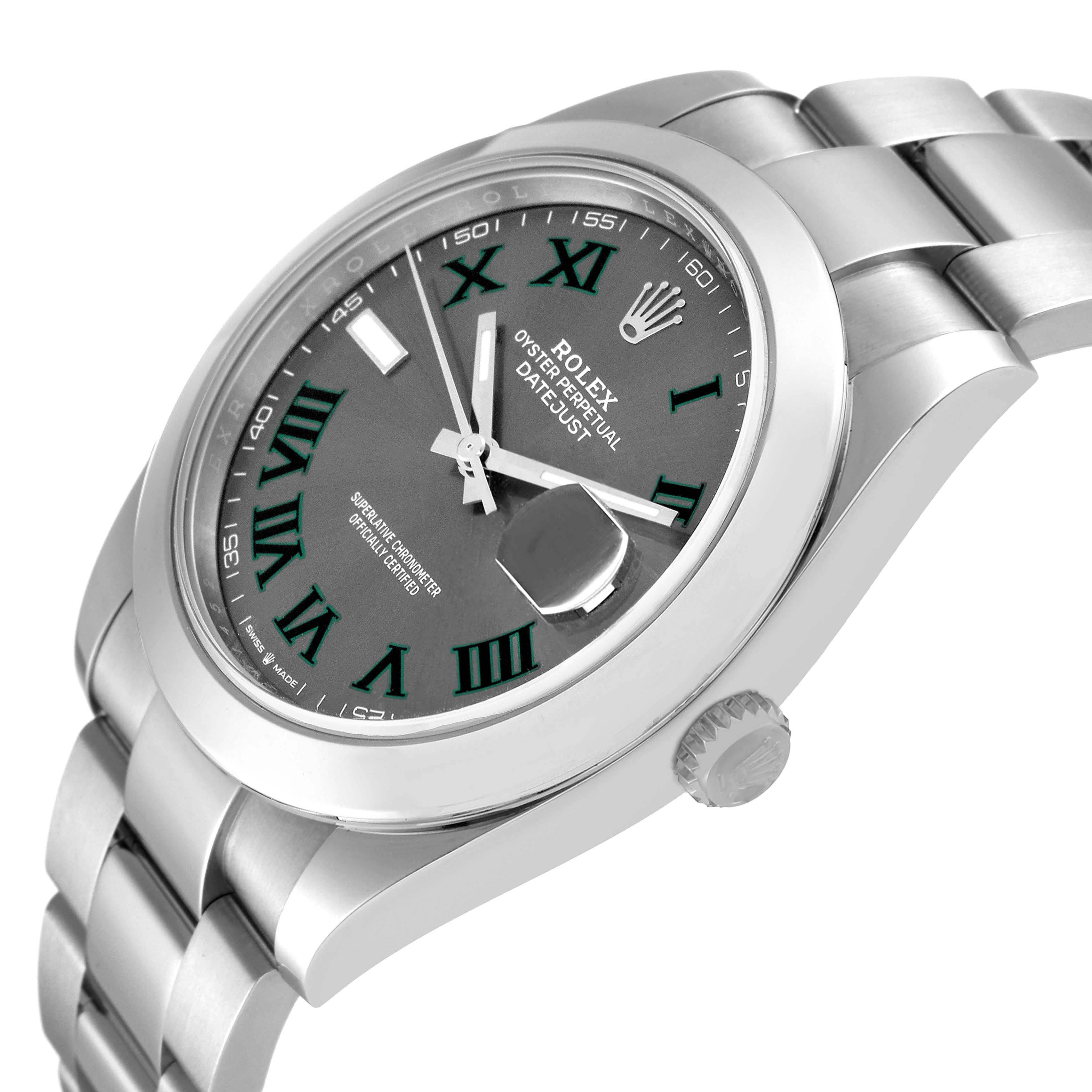 The Rolex Datejust 41 126300 Men's Stainless Steel Grey Dial 126300 Men's Stainless Steel Grey Dial watch is shown at an angled side view, highlighting the bezel, dial, and part of the bracelet.