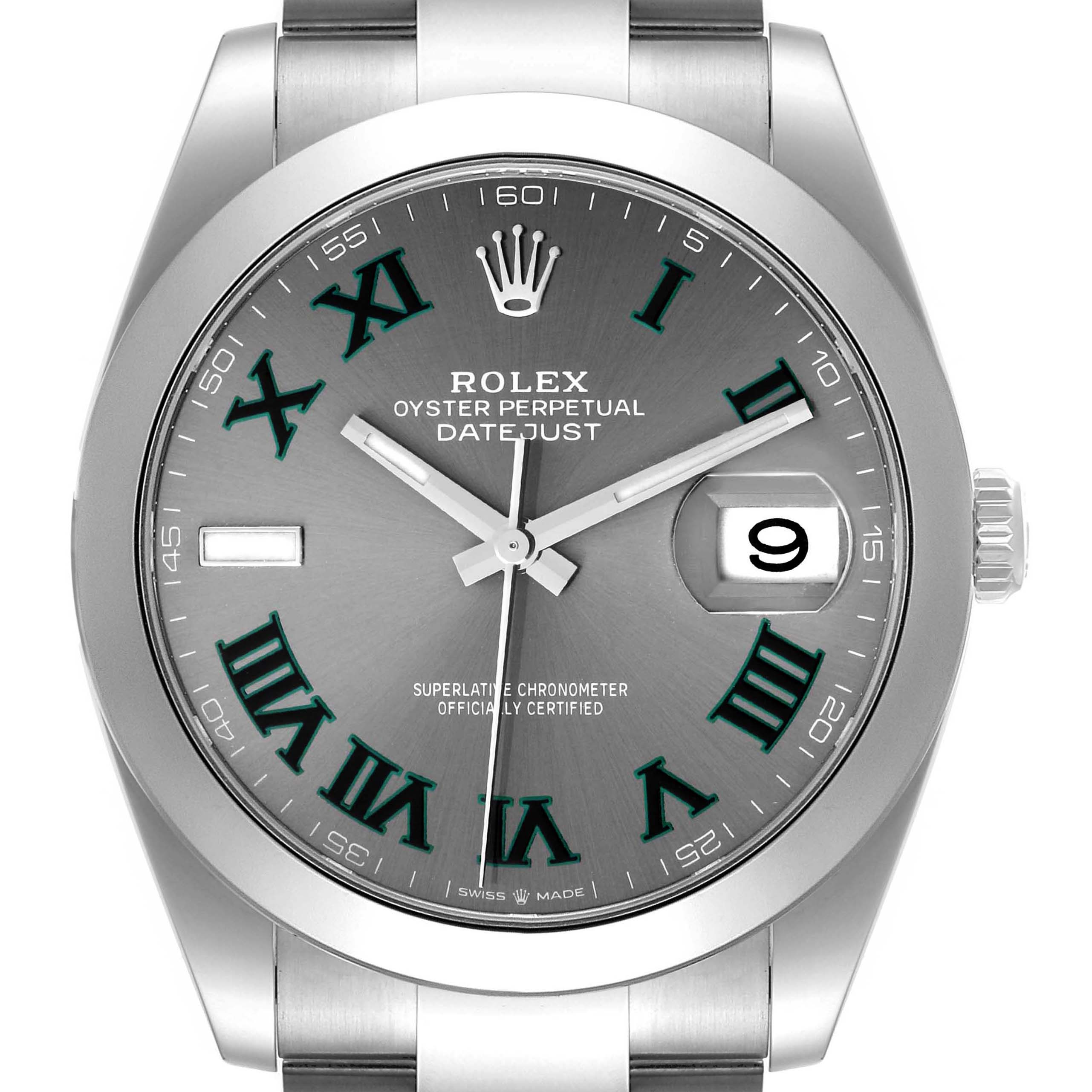 This image shows a front view of the dial and upper part of the bracelet of the Rolex Datejust 41 126300 Men's Stainless Steel Grey Dial 126300 Men's Stainless Steel Grey Dial watch.