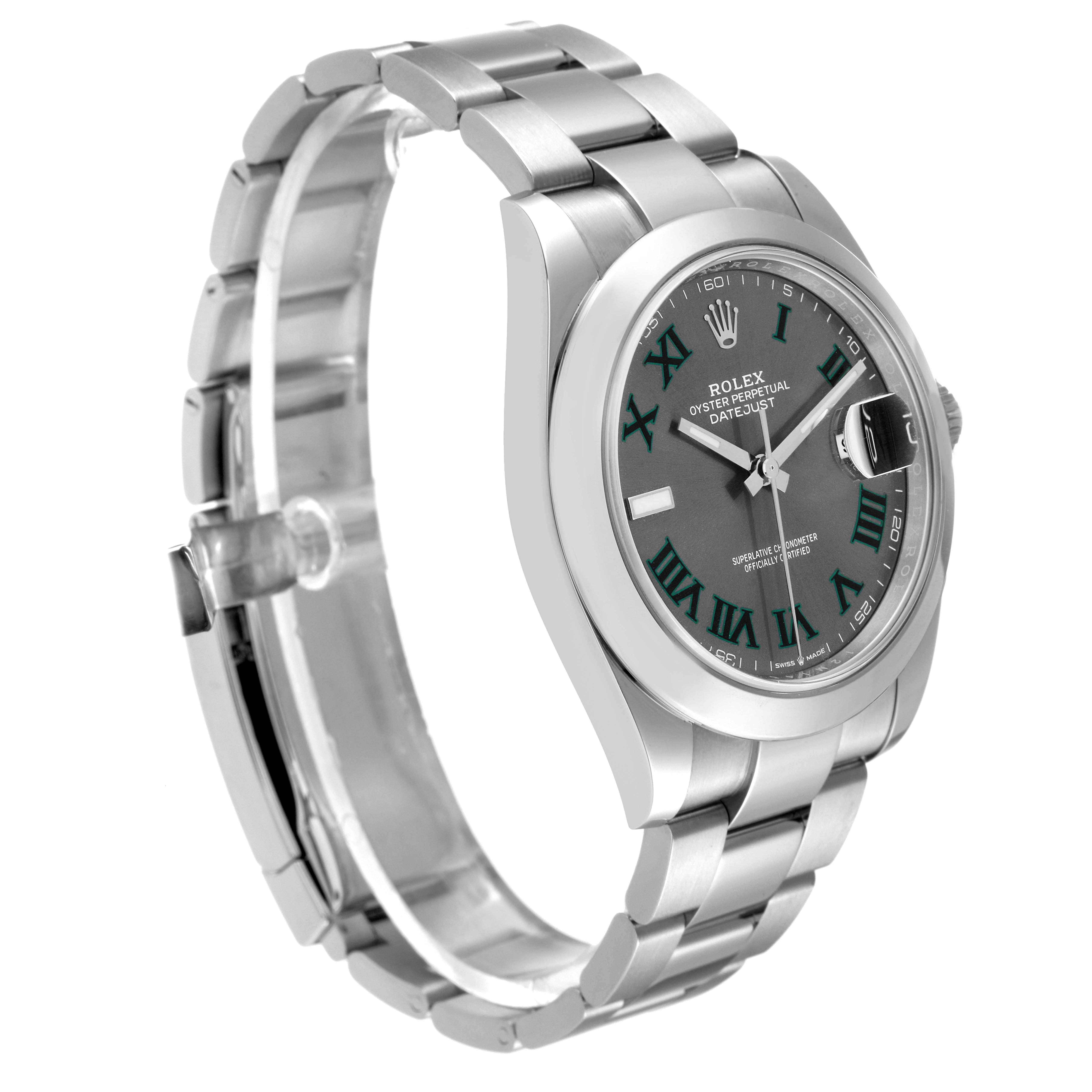 The Rolex Datejust 41 126300 Men's Stainless Steel Grey Dial 126300 Men's Stainless Steel Grey Dial watch is shown at a three-quarter angle, highlighting the dial, bezel, bracelet, and part of the clasp.