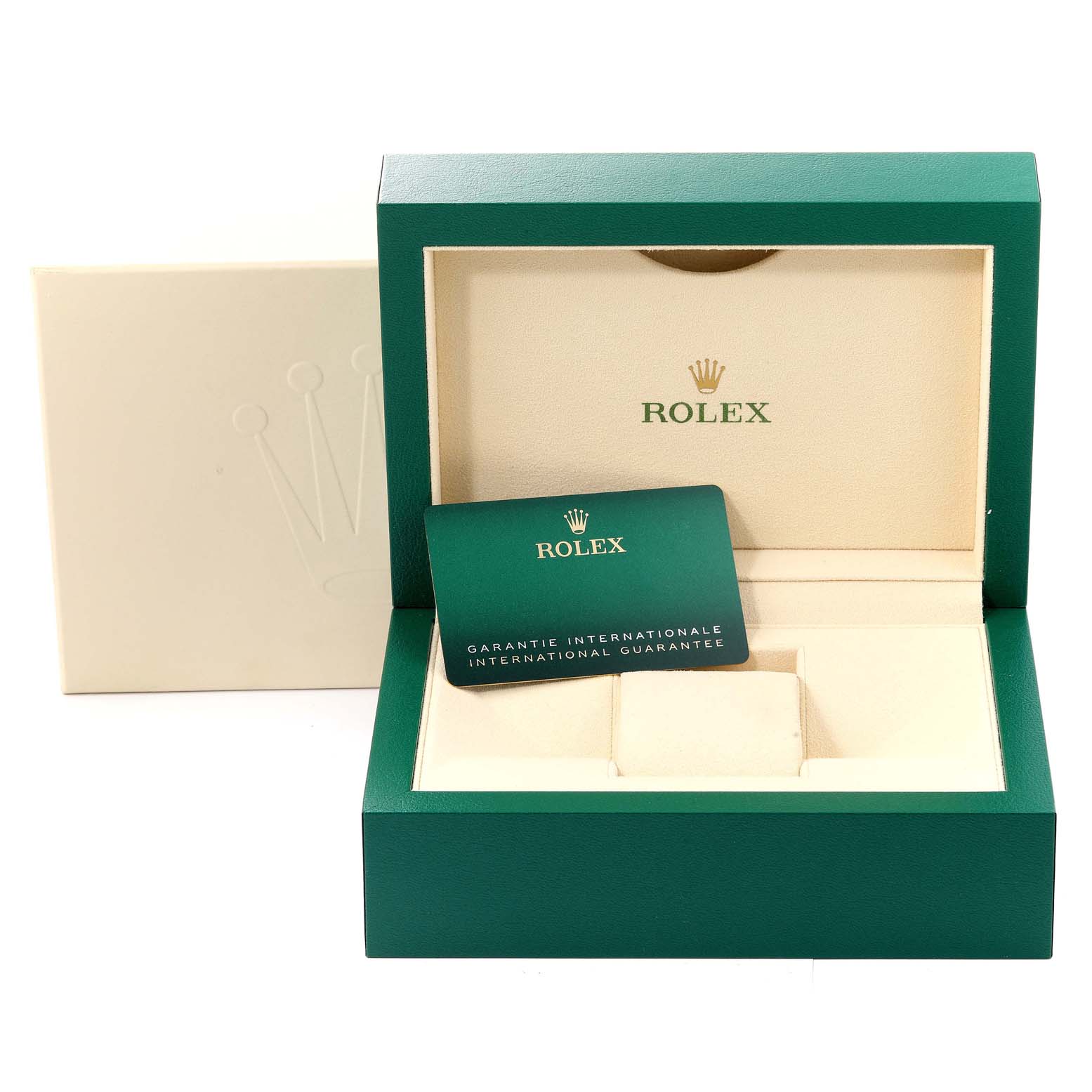 The image shows the packaging box and warranty card for the Rolex Datejust 41 126300 Men's Stainless Steel Grey Dial 126300 Men's Stainless Steel Grey Dial model.