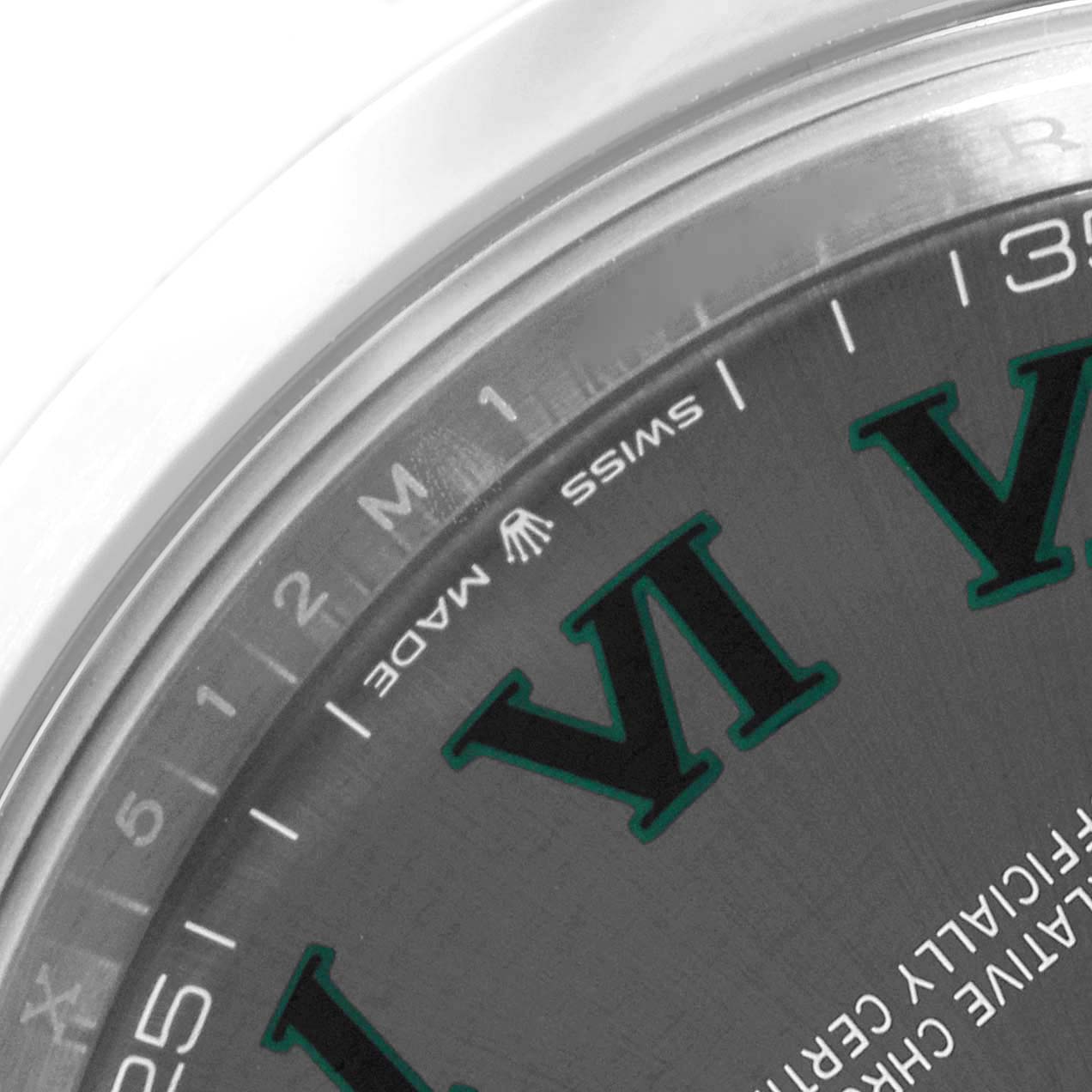 The image shows a close-up of the dial on the Rolex Datejust 41 126300 Men's Stainless Steel Grey Dial 126300 Men's Stainless Steel Grey Dial, highlighting part of the bezel and hour markers.