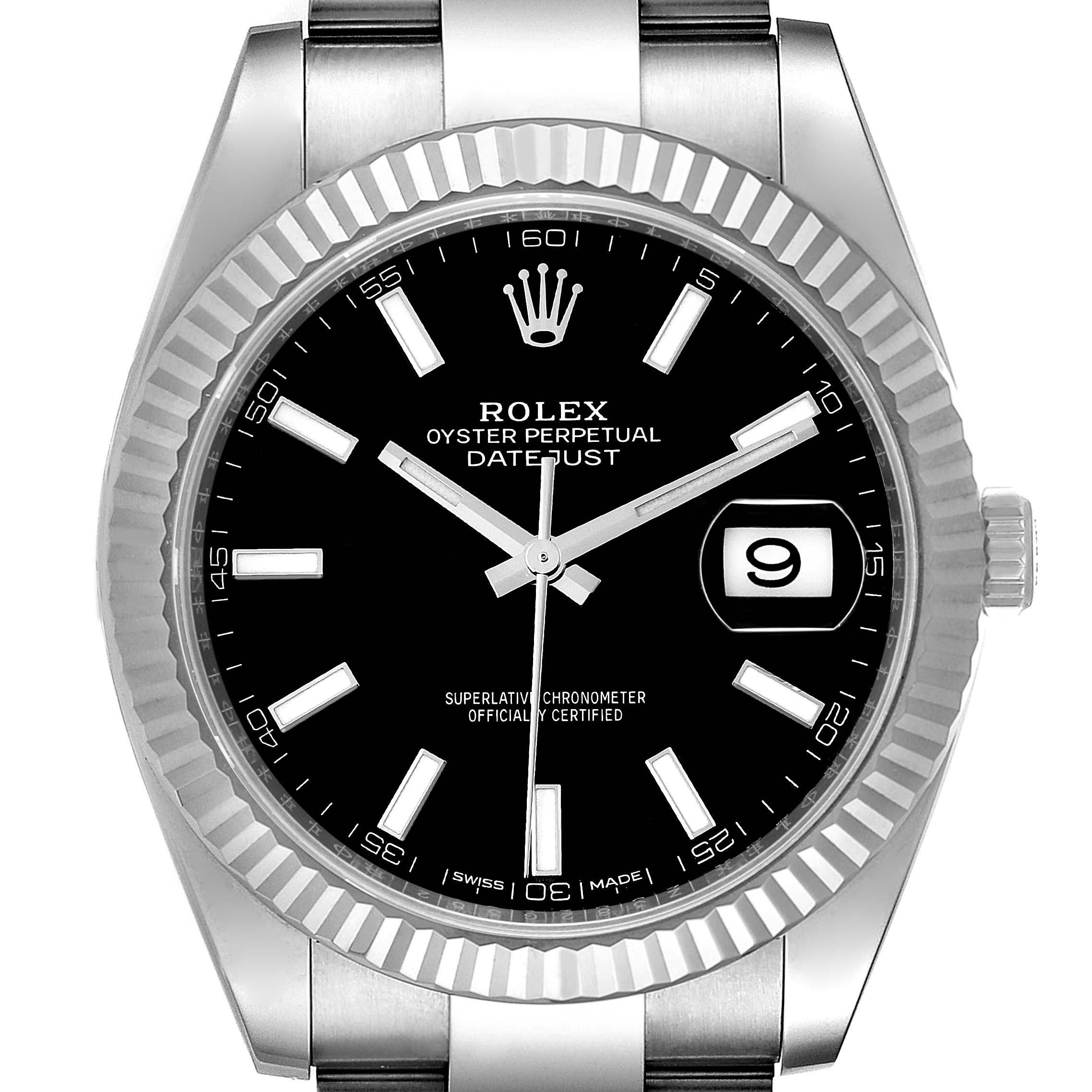 This image shows a front view of the Rolex Datejust 41 126334 Men's Stainless Steel Black Dial 126334 Men's Stainless Steel Black Dial watch, highlighting its black dial and fluted bezel.