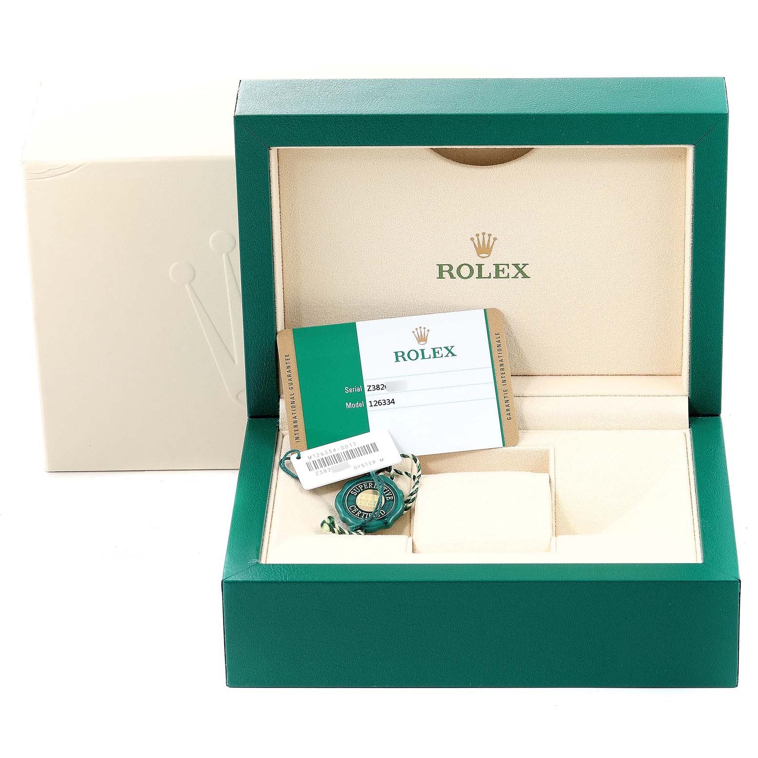This image shows the packaging box, warranty card, and tag of a Rolex Datejust 41 126334 Men's Stainless Steel Black Dial 126334 Men's Stainless Steel Black Dial model.