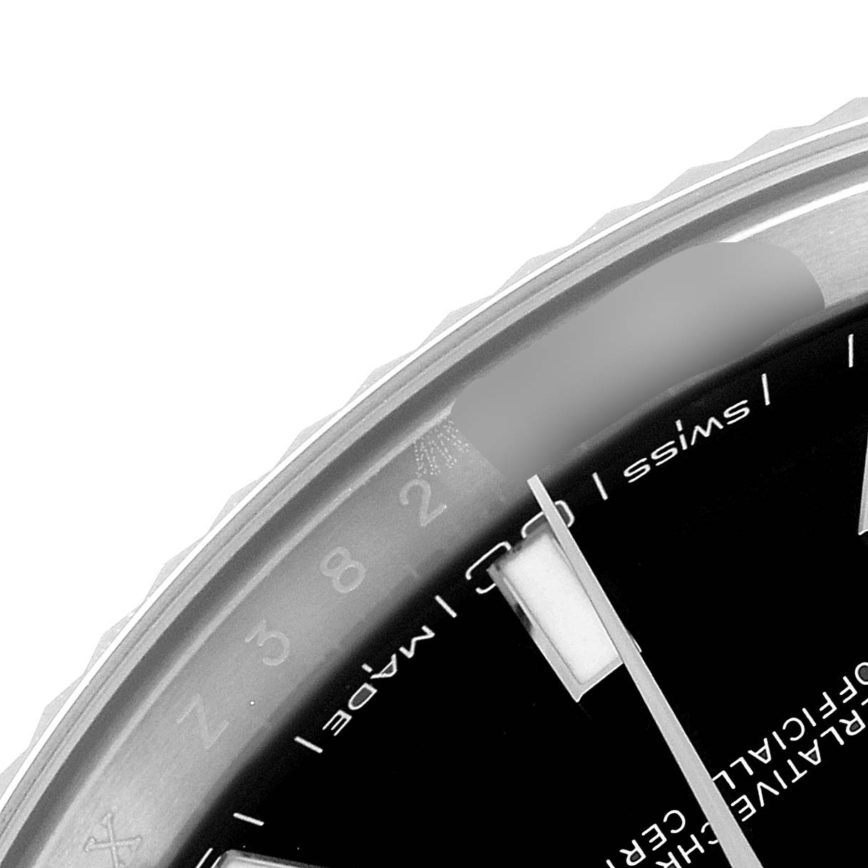 This image shows a close-up of the dial and bezel of a Rolex Datejust 41 126334 Men's Stainless Steel Black Dial 126334 Men's Stainless Steel Black Dial, highlighting the hour markers and part of the minute track.