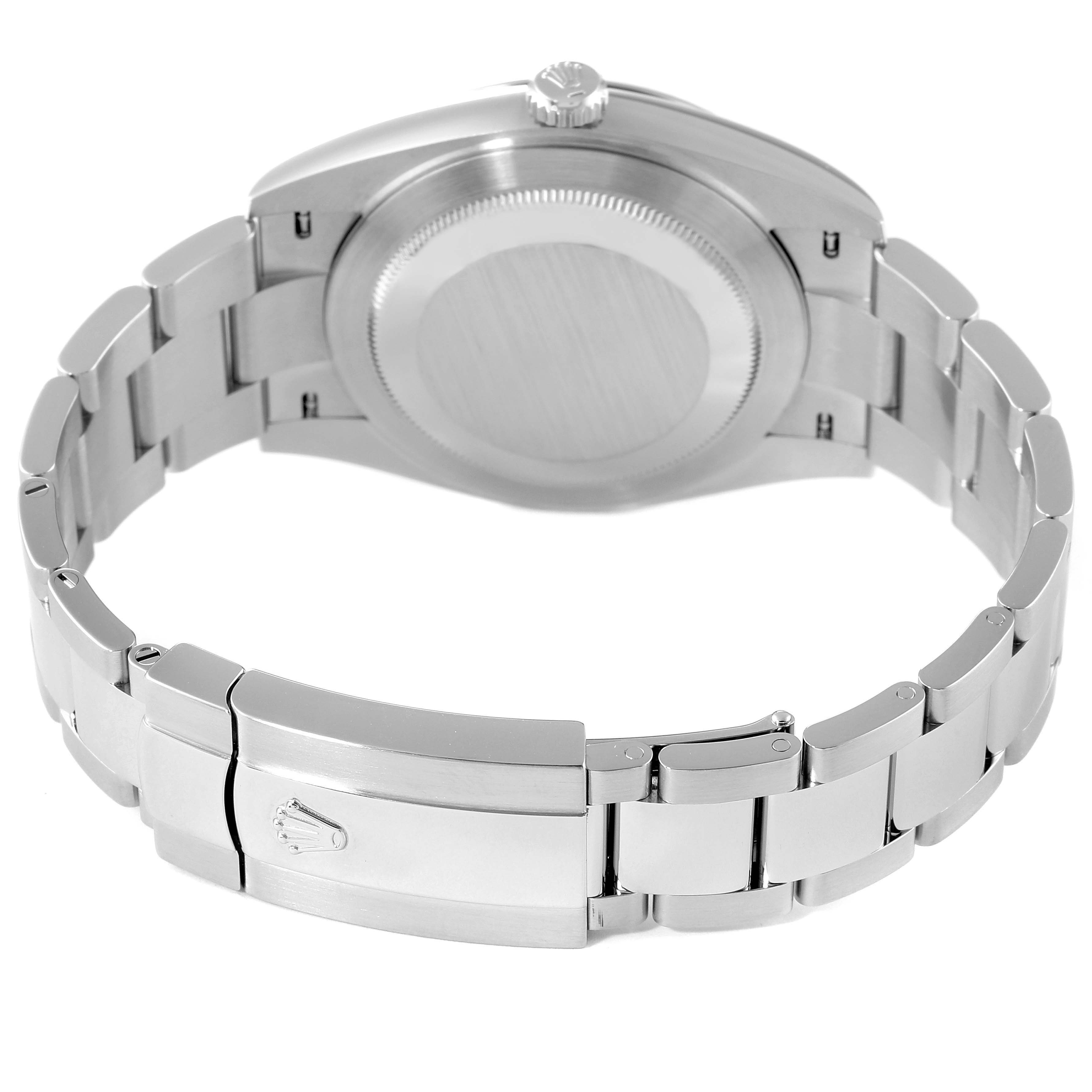 This image shows the Rolex Datejust 41 126334 Men's Stainless Steel Black Dial 126334 Men's Stainless Steel Black Dial watch from the back, highlighting the bracelet clasp and case back.