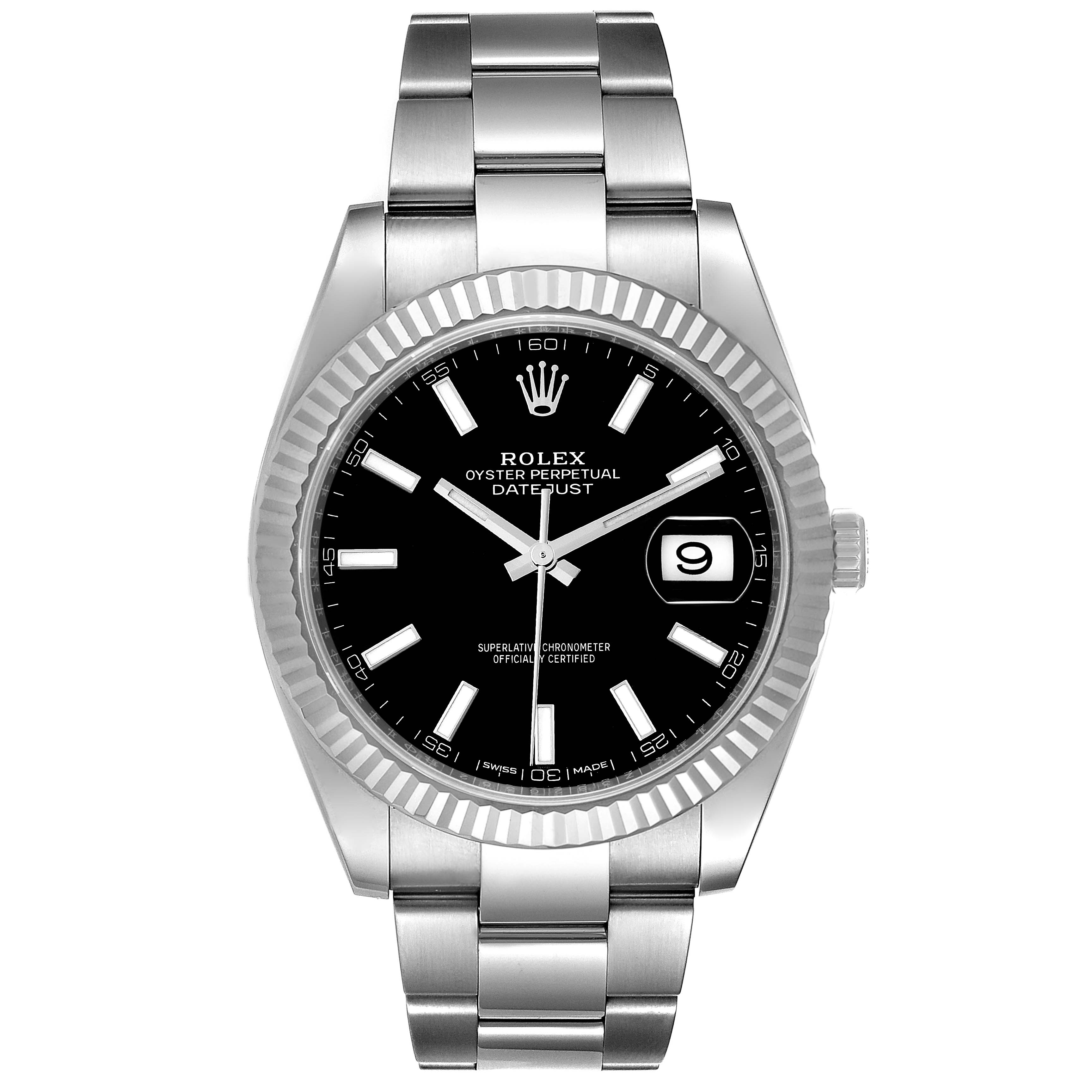The Rolex Datejust 41 126334 Men's Stainless Steel Black Dial 126334 Men's Stainless Steel Black Dial is shown from a front angle, highlighting the dial, crown, and bracelet.