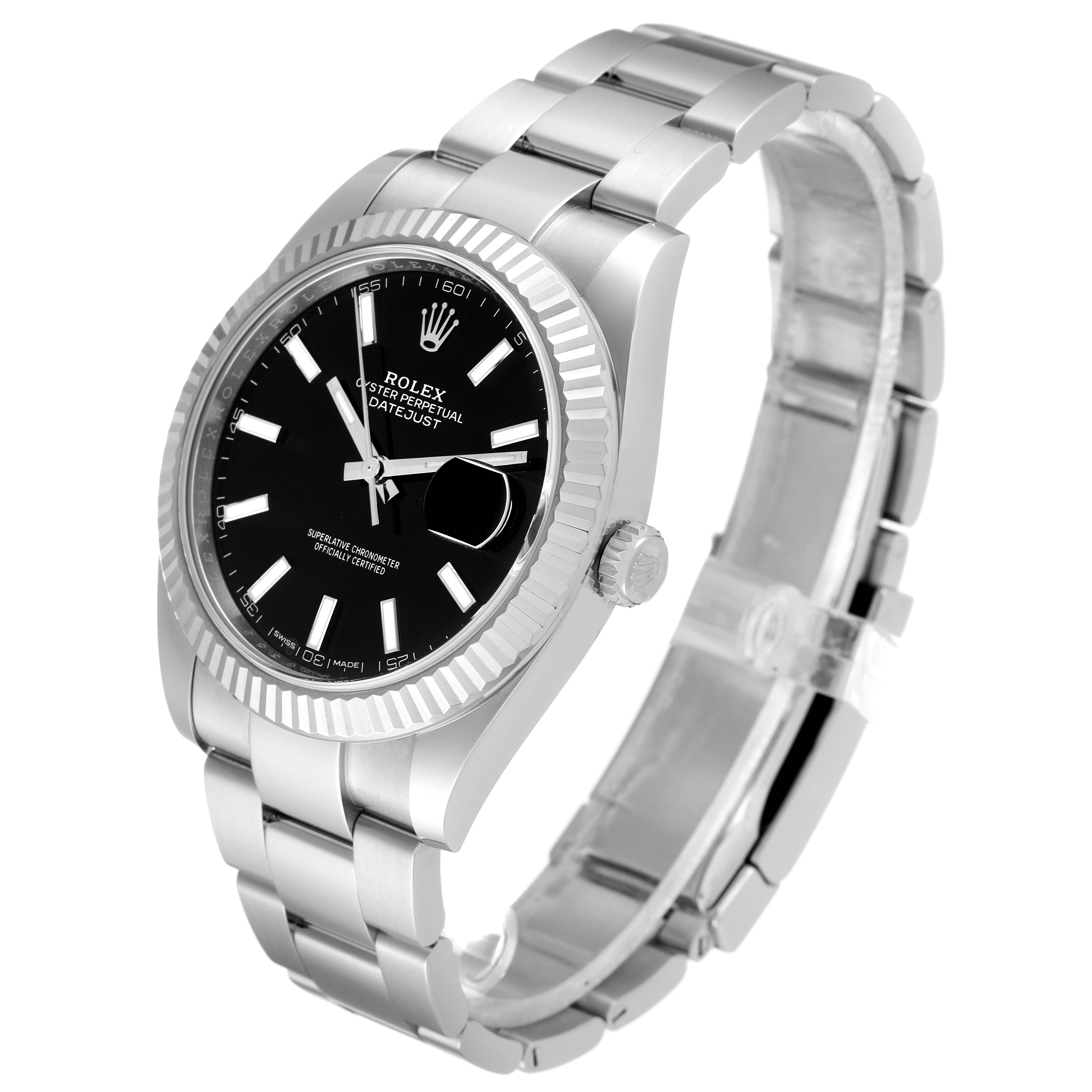The Rolex Datejust 41 126334 Men's Stainless Steel Black Dial 126334 Men's Stainless Steel Black Dial model is shown at a three-quarter angle, highlighting the dial, bezel, bracelet, and crown.