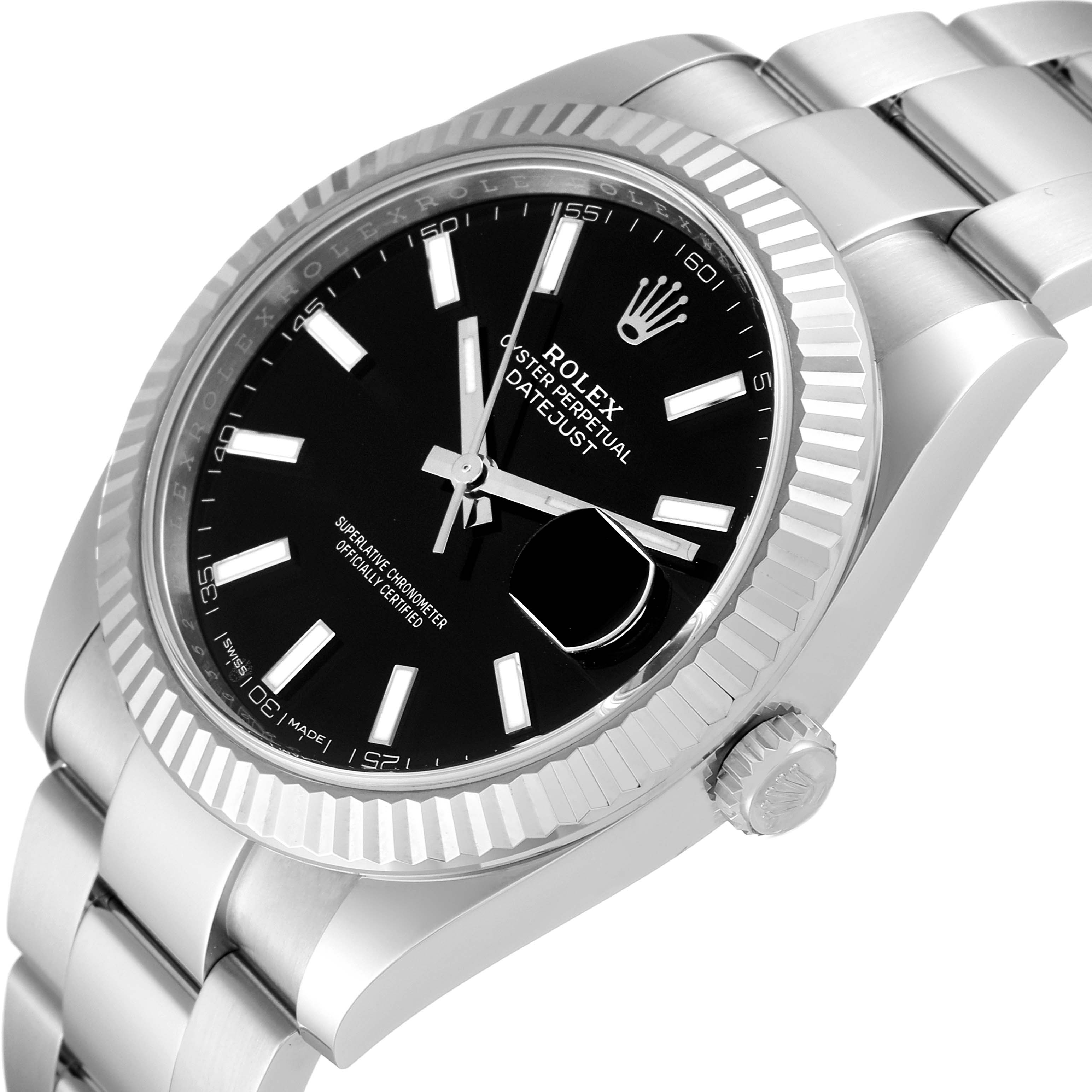 This image of a Rolex Datejust 41 126334 Men's Stainless Steel Black Dial 126334 Men's Stainless Steel Black Dial watch is shown at an oblique angle, highlighting the dial, bezel, and bracelet.