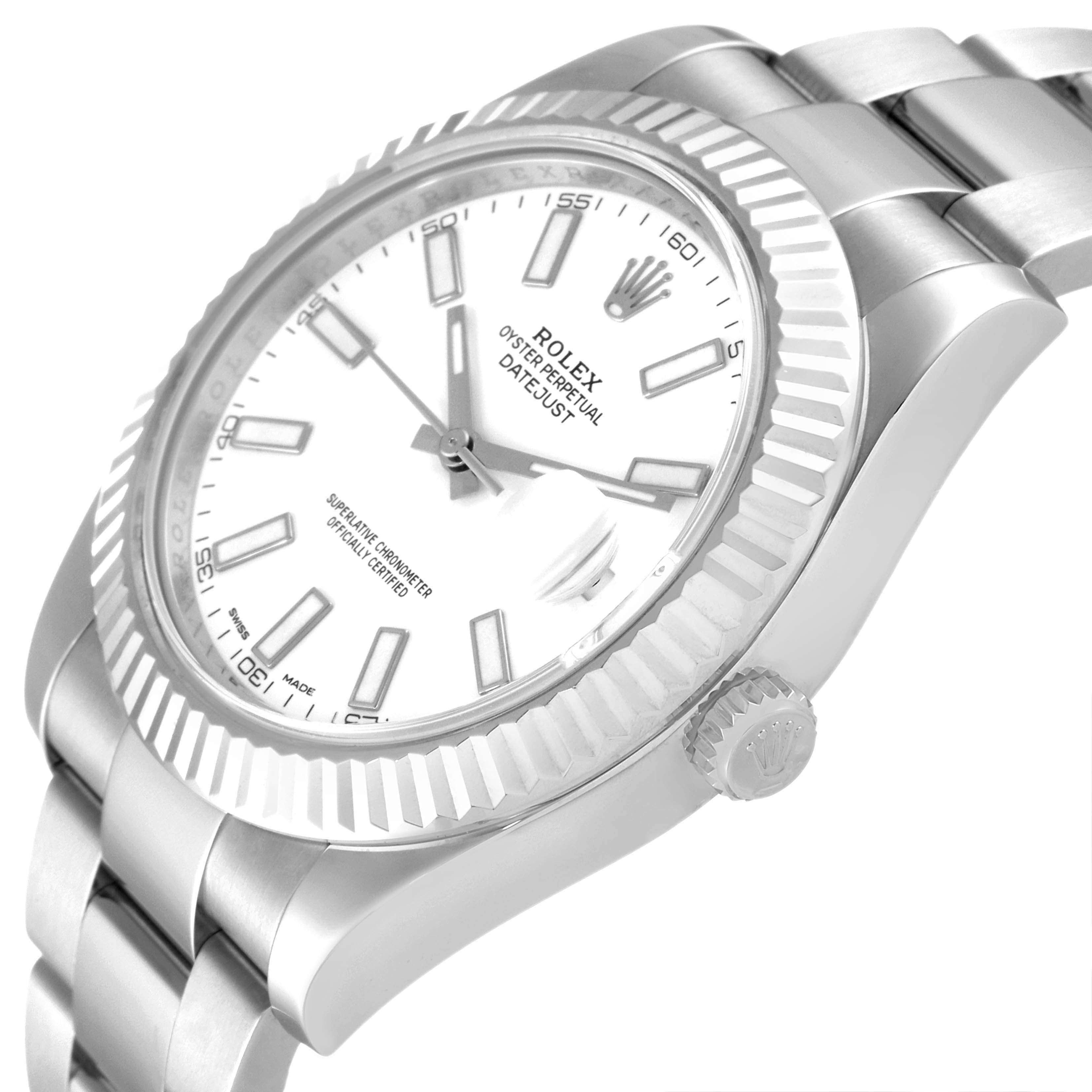 This image shows a side angle of the Rolex Datejust 41 116334 Men's Stainless Steel White Dial 116334 Men's Stainless Steel White Dial watch, displaying the bezel, crown, part of the dial, and metal bracelet.