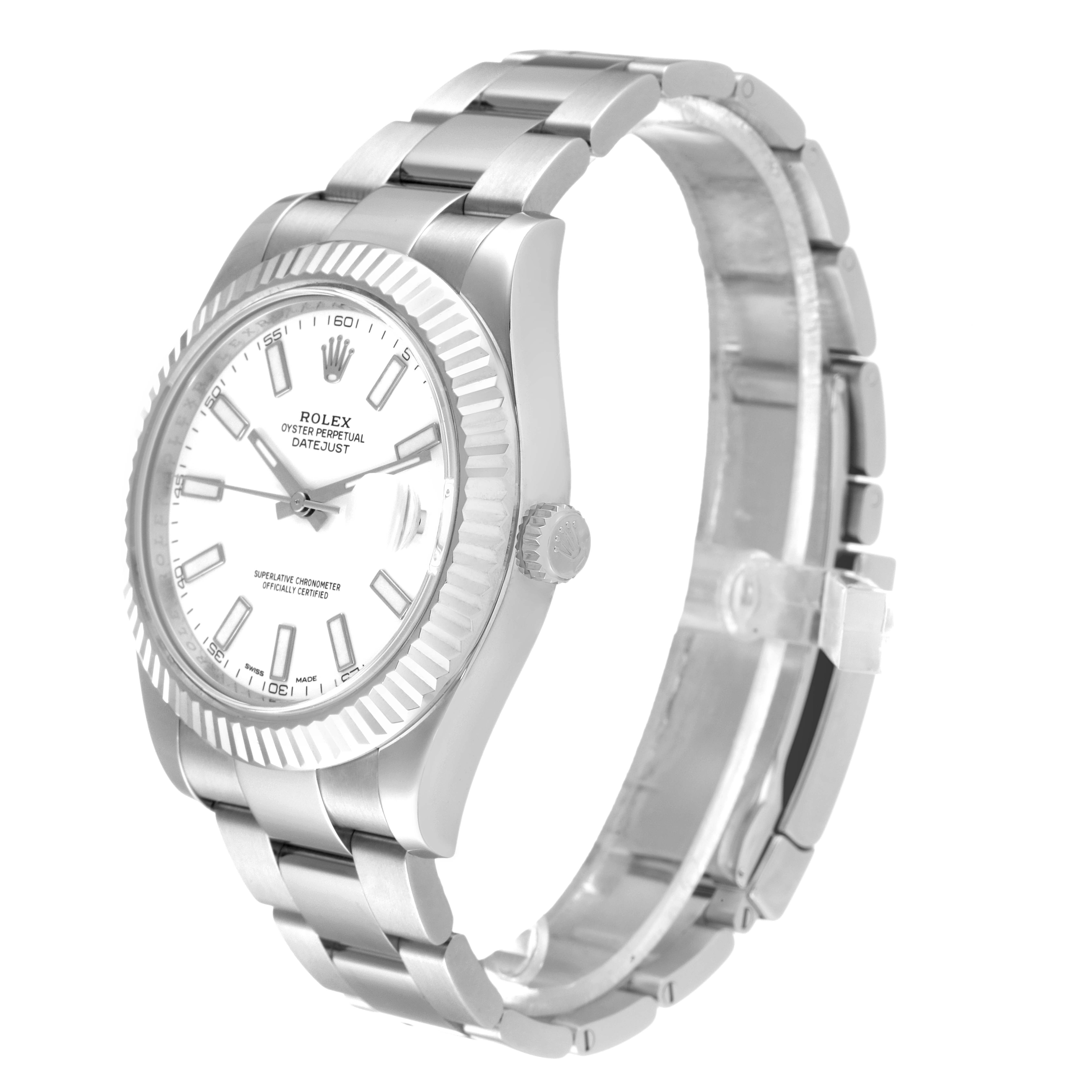 The image shows a Rolex Datejust 41 116334 Men's Stainless Steel White Dial 116334 Men's Stainless Steel White Dial model at a three-quarter angle, highlighting the face, bezel, and bracelet.