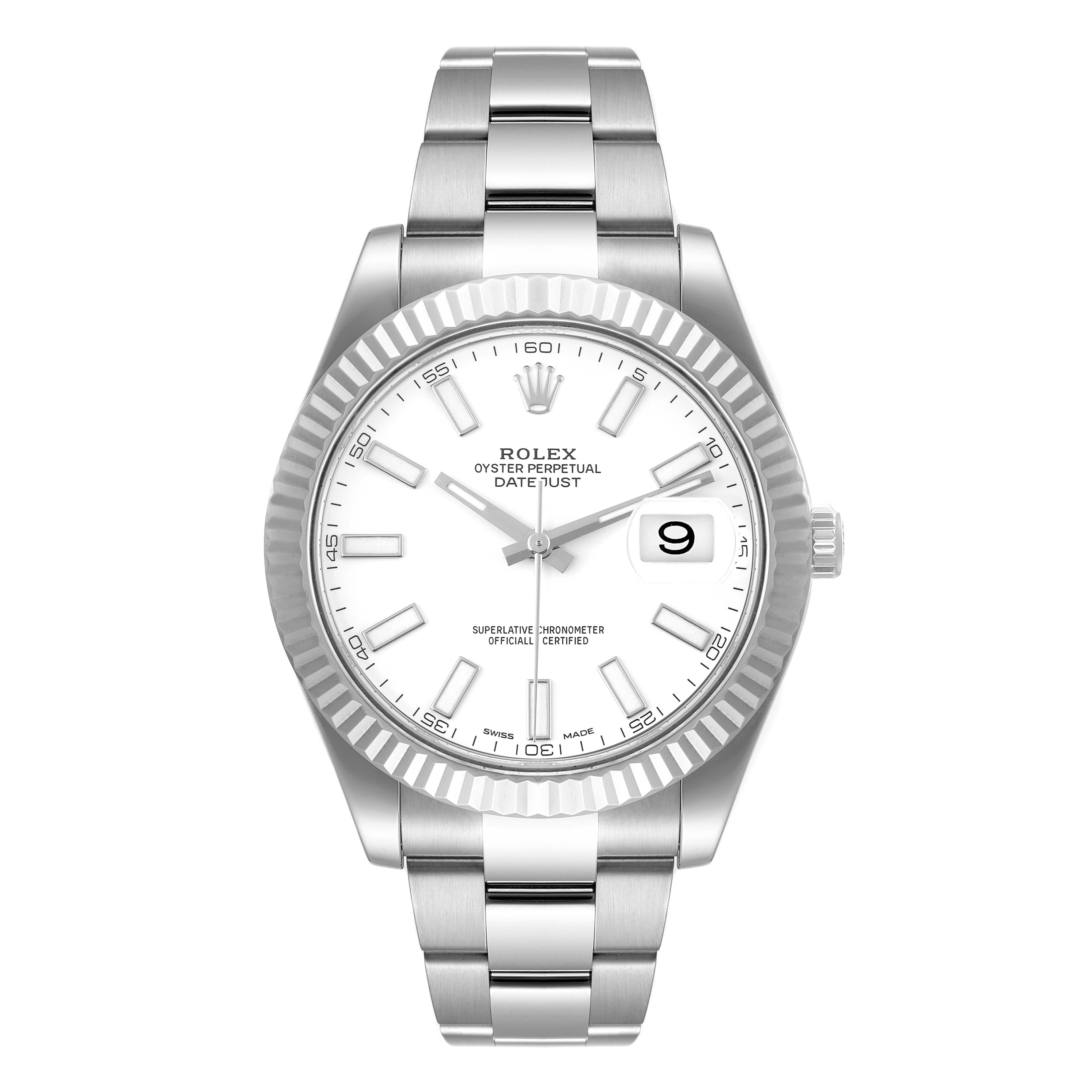 This image shows a frontal view of the Rolex Datejust 41 116334 Men's Stainless Steel White Dial 116334 Men's Stainless Steel White Dial watch, highlighting its dial, fluted bezel, and bracelet.