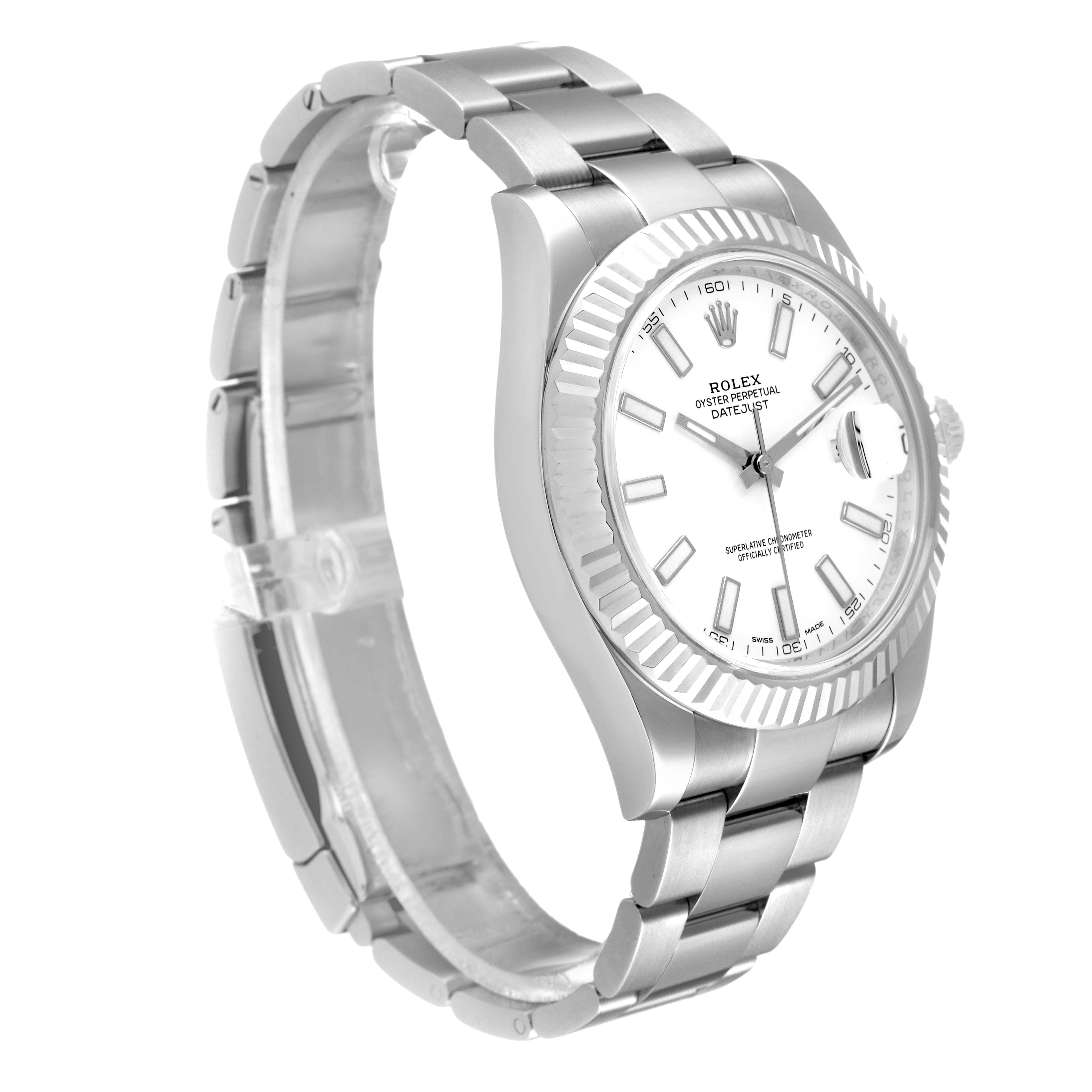 The Rolex Datejust 41 116334 Men's Stainless Steel White Dial 116334 Men's Stainless Steel White Dial is shown at an angle highlighting the face, bracelet, bezel, and crown.