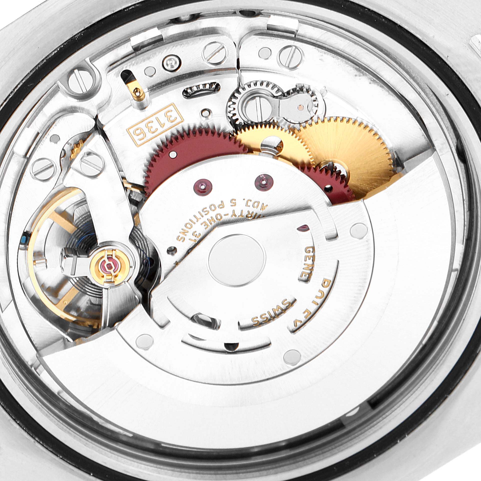 This image shows the movement mechanism of a Rolex Datejust 41 116334 Men's Stainless Steel White Dial 116334 Men's Stainless Steel White Dial watch from a close-up, top-down angle.
