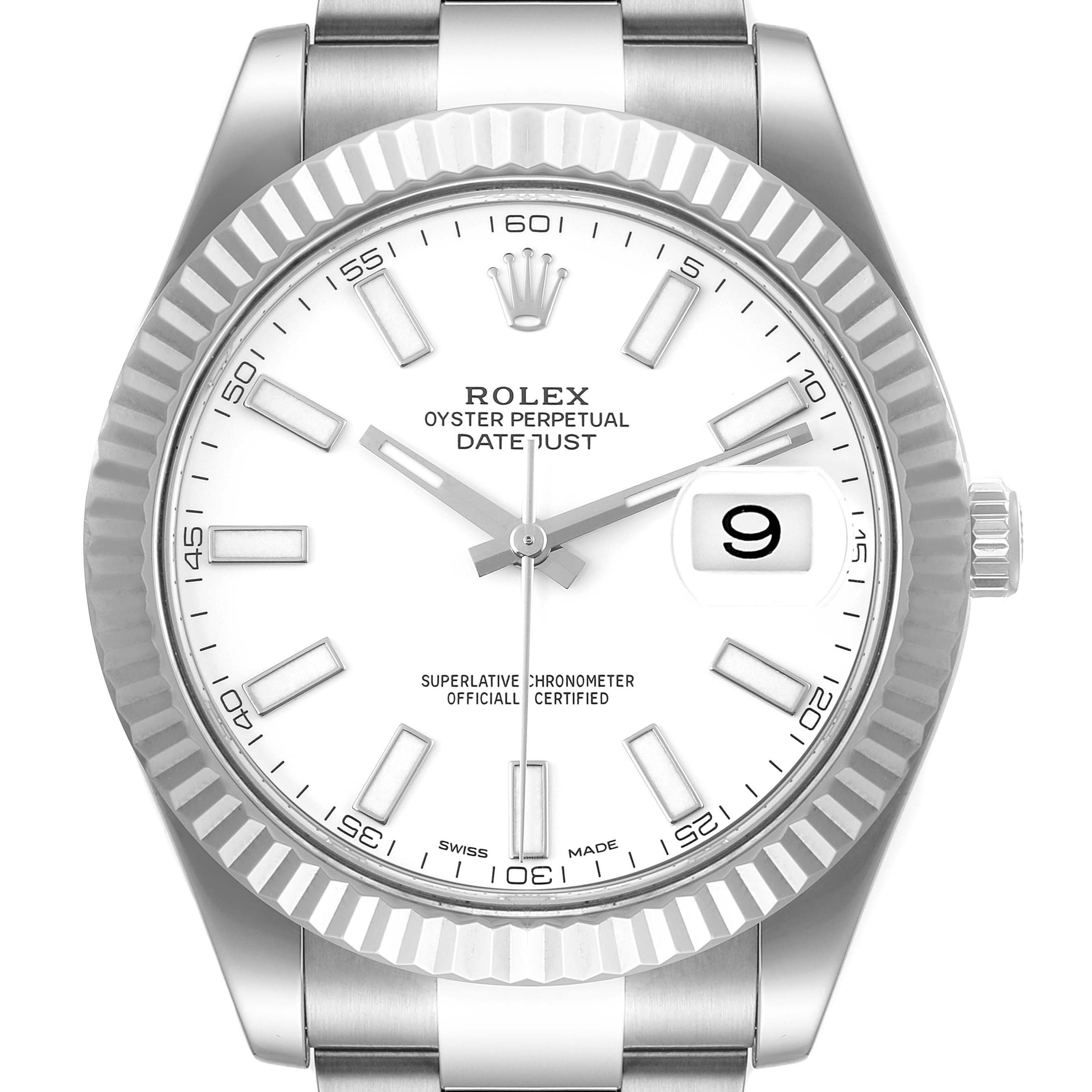 The image shows a front view of the Rolex Datejust 41 116334 Men's Stainless Steel White Dial 116334 Men's Stainless Steel White Dial watch, highlighting the dial, bezel, and bracelet.