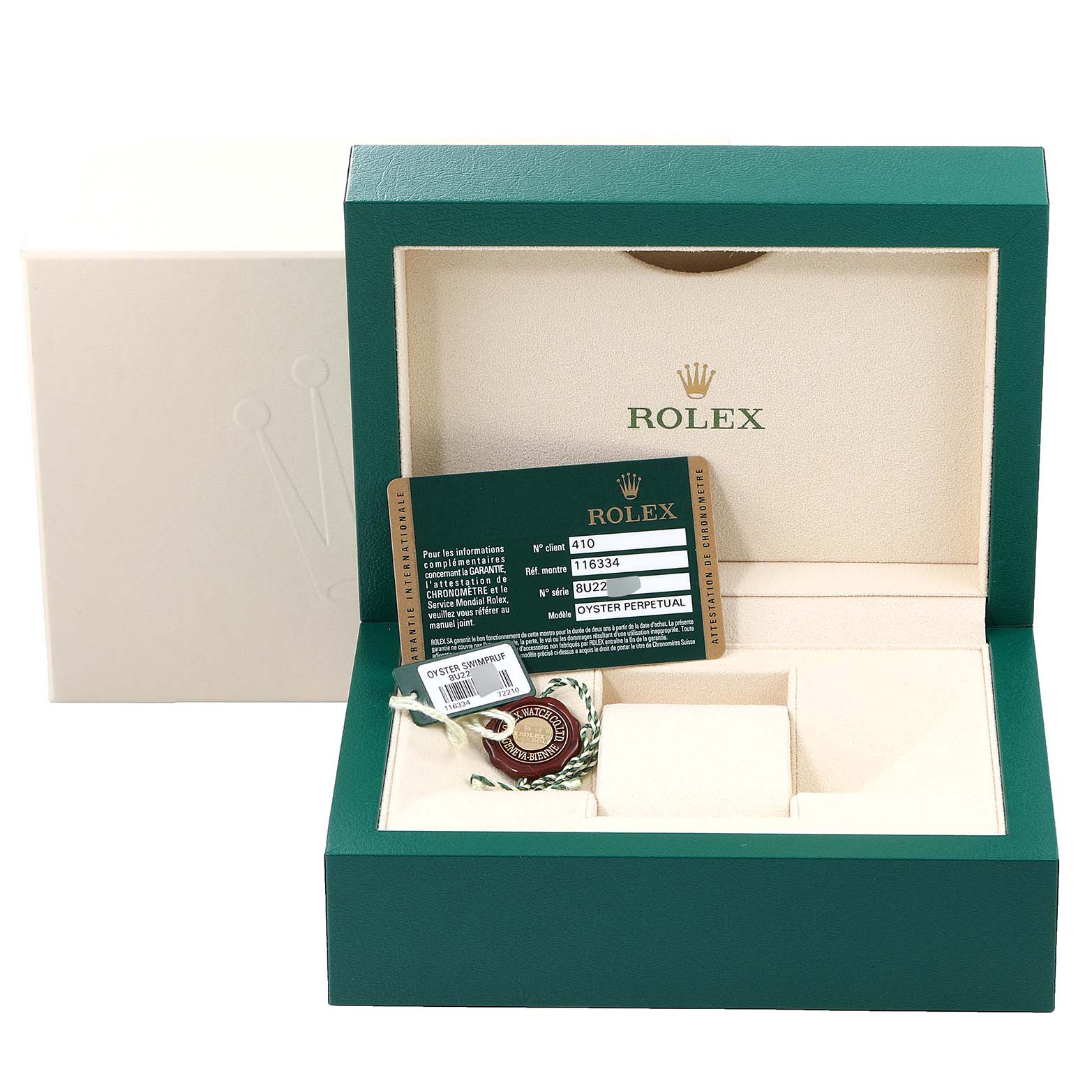 The image shows the packaging and accessories of a Rolex Datejust 41 116334 Men's Stainless Steel White Dial 116334 Men's Stainless Steel White Dial, including the box, tags, and authentication card.
