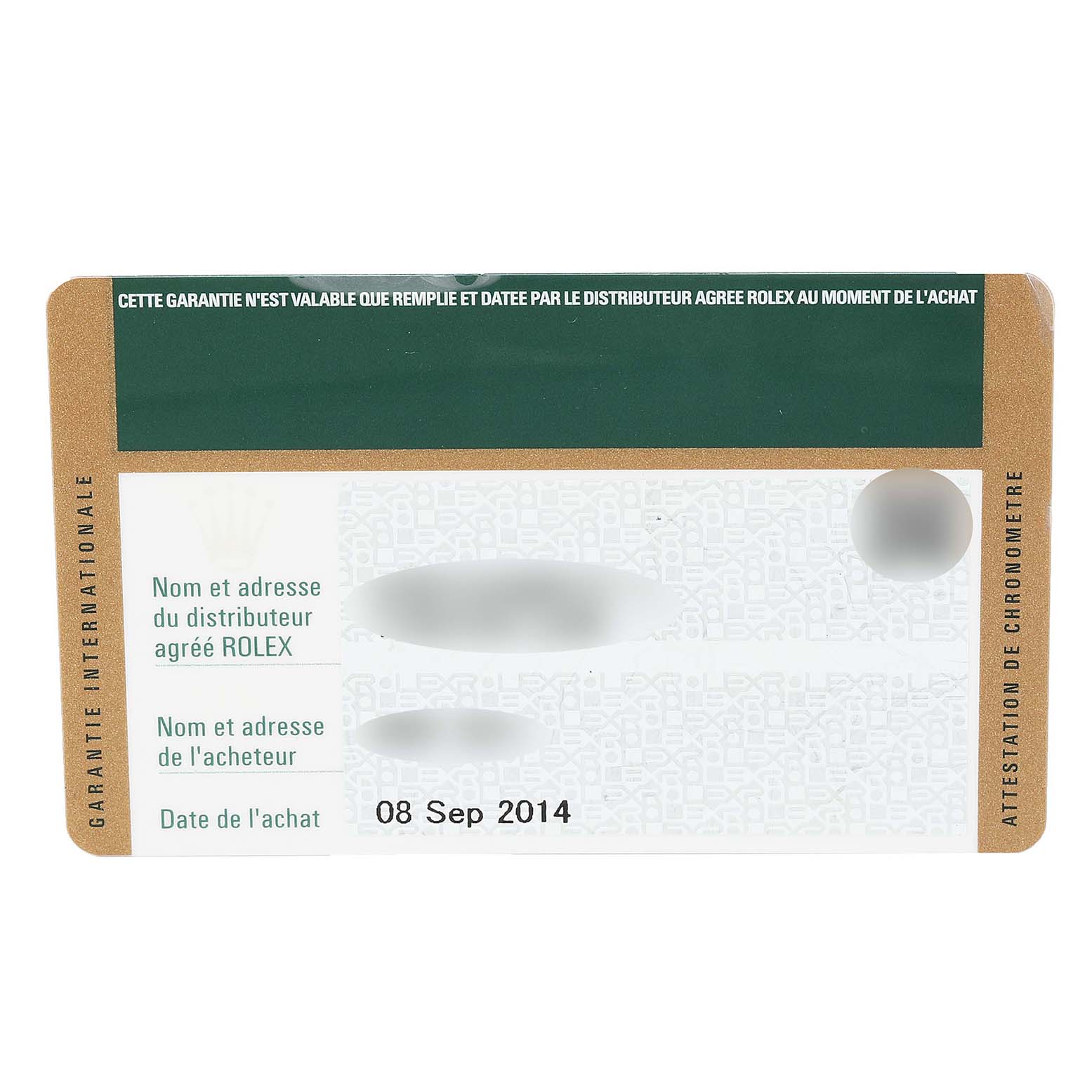 The image shows the warranty card for a Rolex Datejust 41 116334 Men's Stainless Steel White Dial 116334 Men's Stainless Steel White Dial watch.