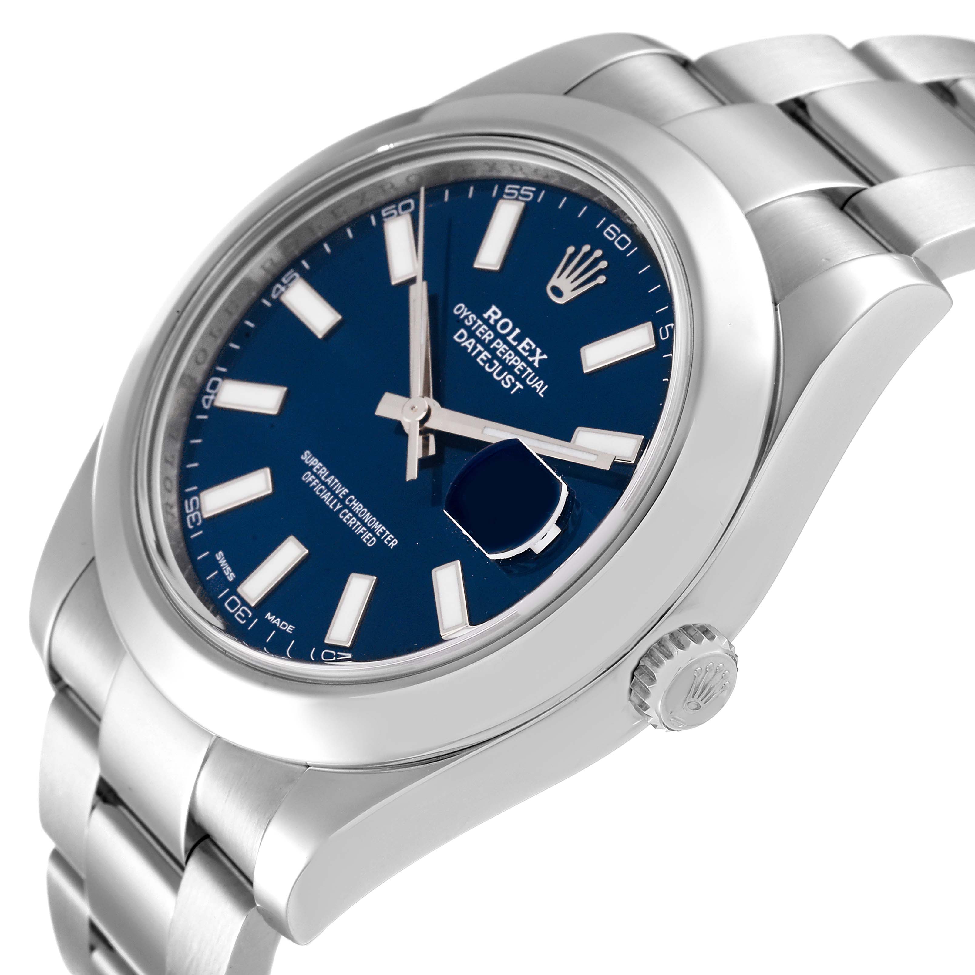 The image shows a close-up of the Rolex Datejust 41 116300 Men's Stainless Steel Blue Dial 116300 Men's Stainless Steel Blue Dial watch at a slight angle, showcasing its blue dial, crown, and bracelet.